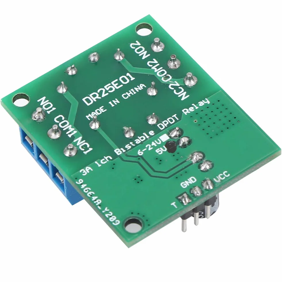 Módulo Relé Biestable DPDT 5V 12V DC con Control Pulso Bajo y LED Indicador para Automoción y Computadoras 39.5x33.3x23.3mm