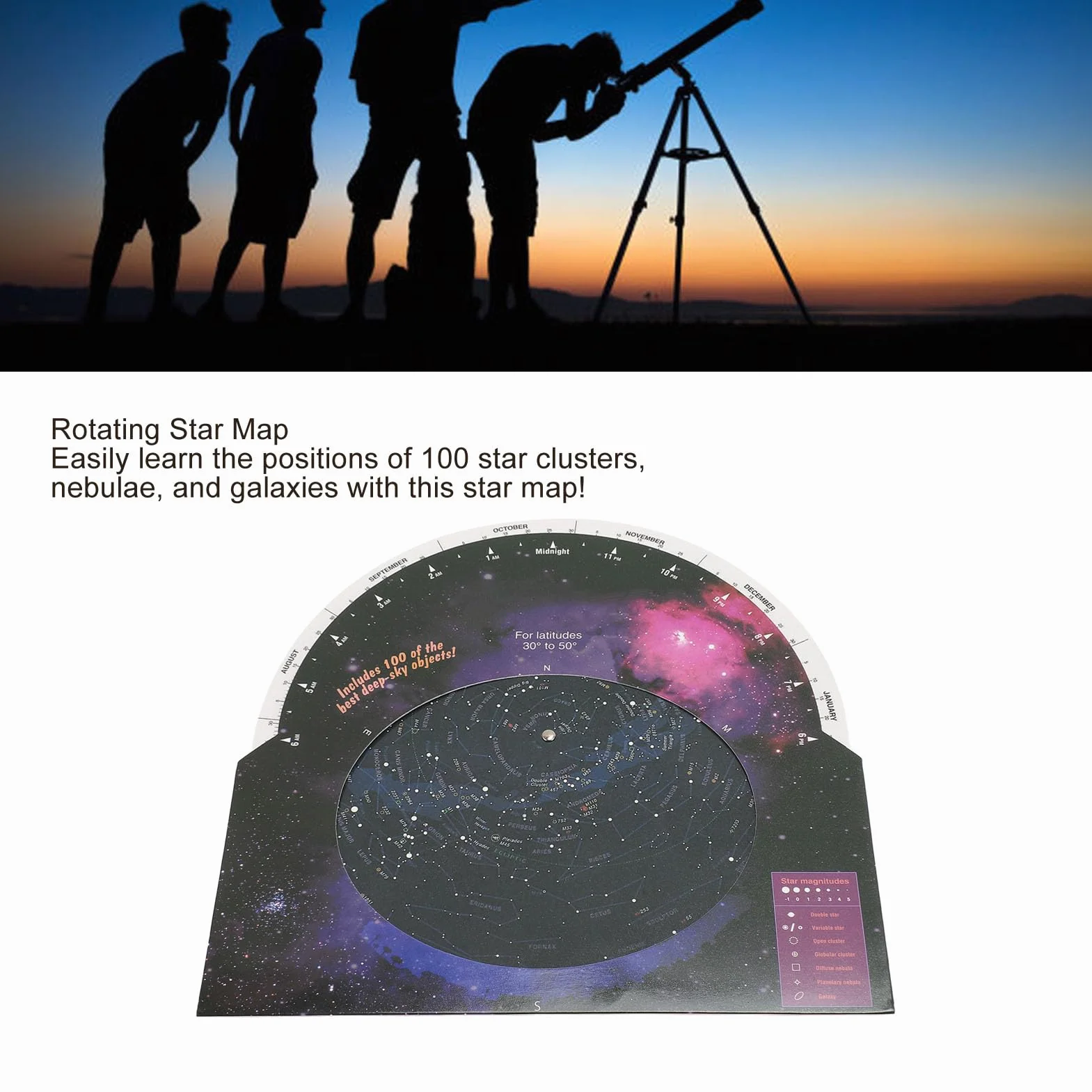 Planisferio Star Target, Guía de Mapas Estelares de Astronomía con 100 Cúmulos de Estrellas, Nebulosas y Galaxias, para Observar Constelaciones, Estrellas Brillantes y Objetos