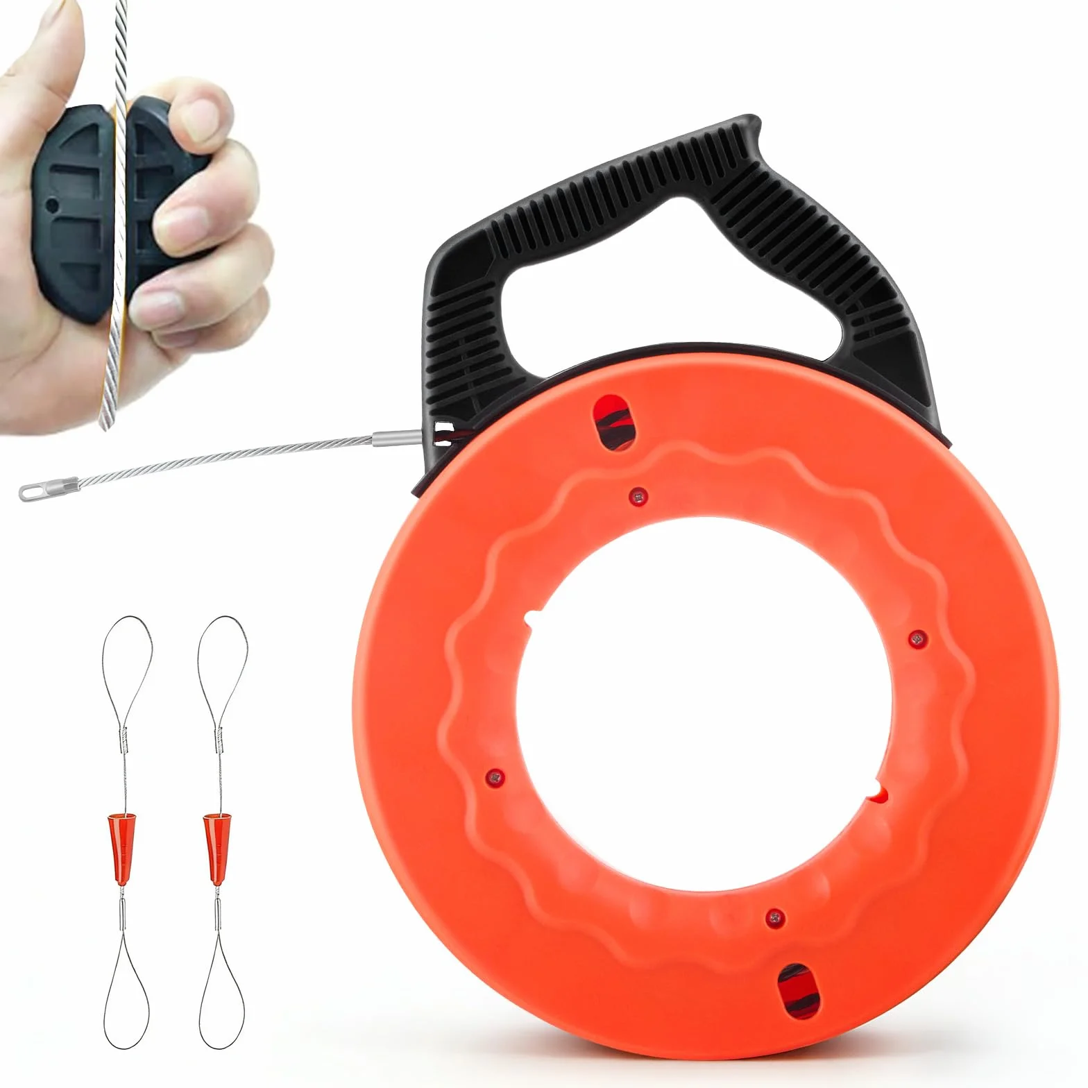 Guía Pasacables 30m, Enhebrador de Alambre Electrico Diámetro 5 mm, Sonda Guía para Electricista con 2 Muelles de Guía, con Mango, Herramienta para Pasar Cables en Instalaciones Eléctricas (Naranja)