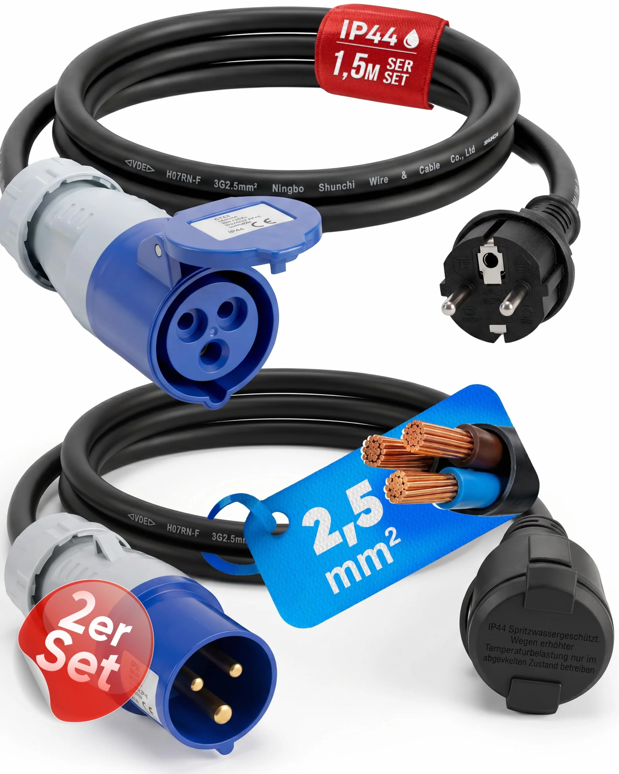 2x Adaptadores CEE – Enchufe CEE a toma Schuko y enchufe Schuko a toma CEE 230V 16A – Ideal para camping, autocaravanas y caravanas