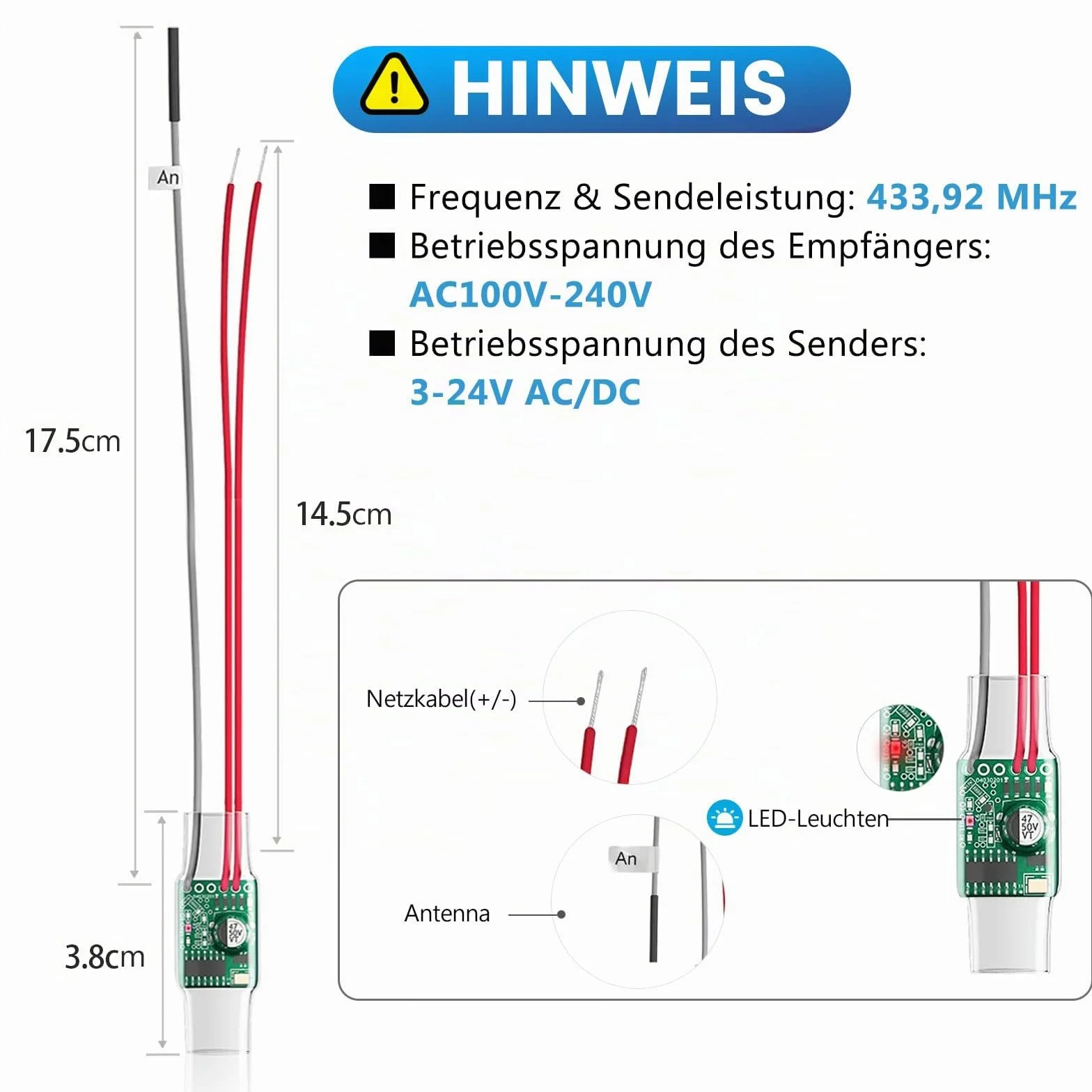 Satisure Juego de Timbre Extensión de Radio Timbre Inalámbrico Gong 1 convertidor de Radio + 1 Enchufe receptora para Sistemas de Timbre existentes (transmisor Incorporado 3-24V AC/DC)