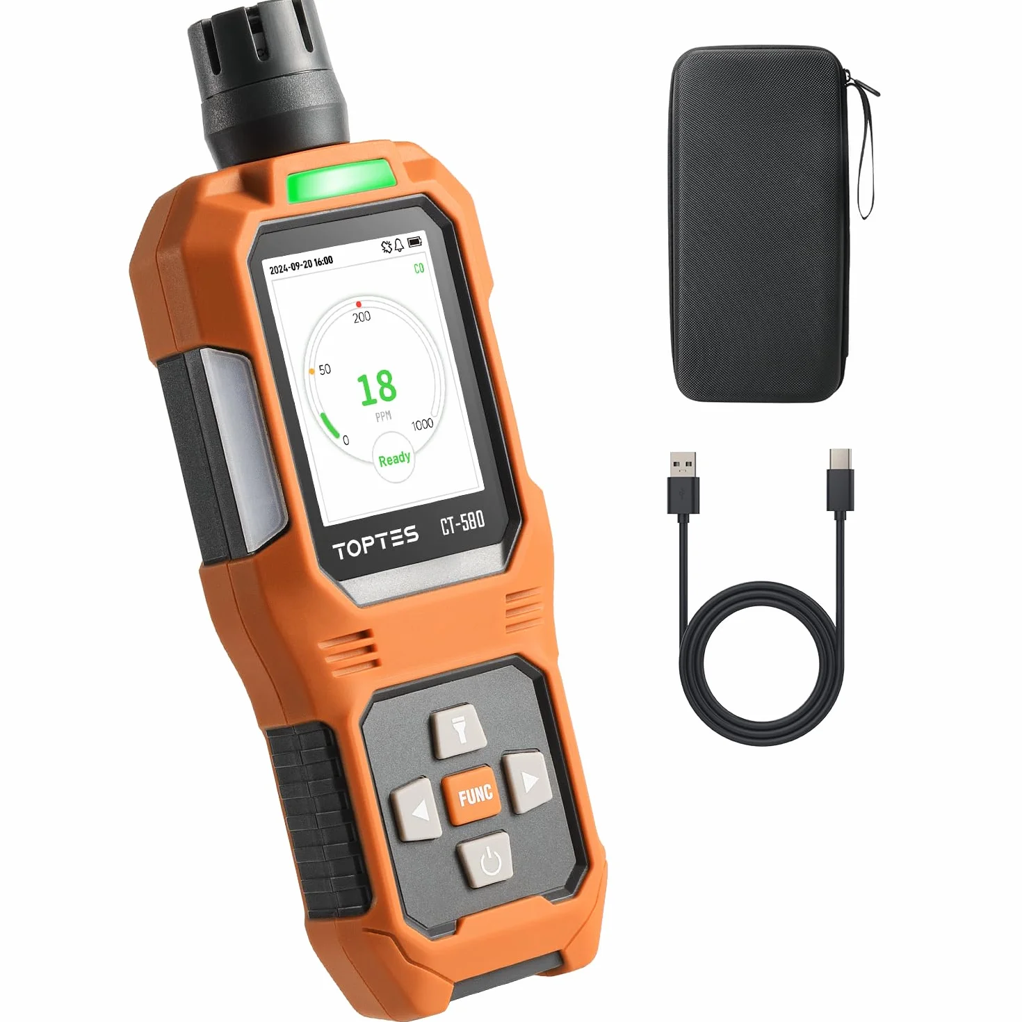 TOPTES CT-580 Detector de monóxido de Carbono, Detector de CO Recargable con alarmas por vibración, visuales y audibles, Alarma CO portátil, 0-1000PPM para el hogar, Coche, Camping y Viajes