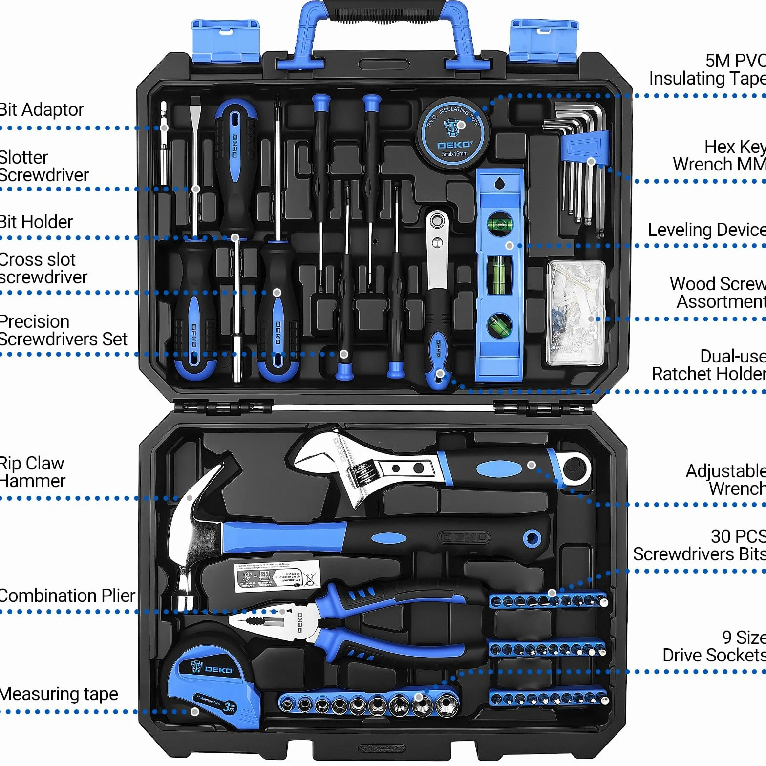 DEKO Caja de Herramientas de 100 Piezas Color Azul, Kit de Herramientas de Bricolaje para Hogar, Oficina y Coche, con Juego de Destornilladores, Martillo y Set de Alicates