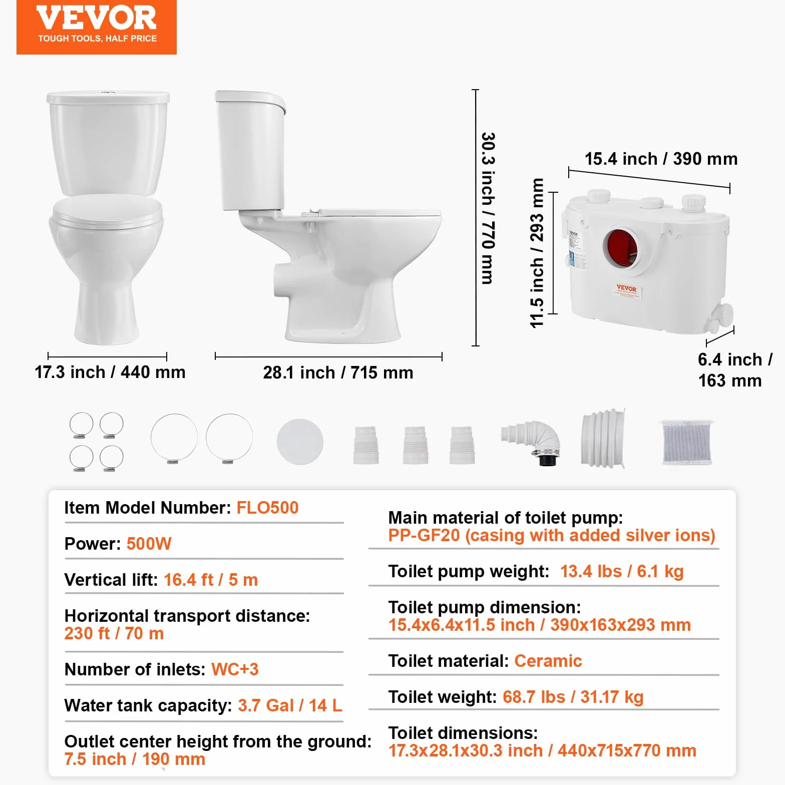 VEVOR Inodoro Sanitario Potente Bomba de Elevación de 500 W Sistema de Inodoro Compacto con Descarga Trasera e Inodoro de Descarga, 3 Entradas, para Eliminación Aguas Residuales, Sótano, Blanco