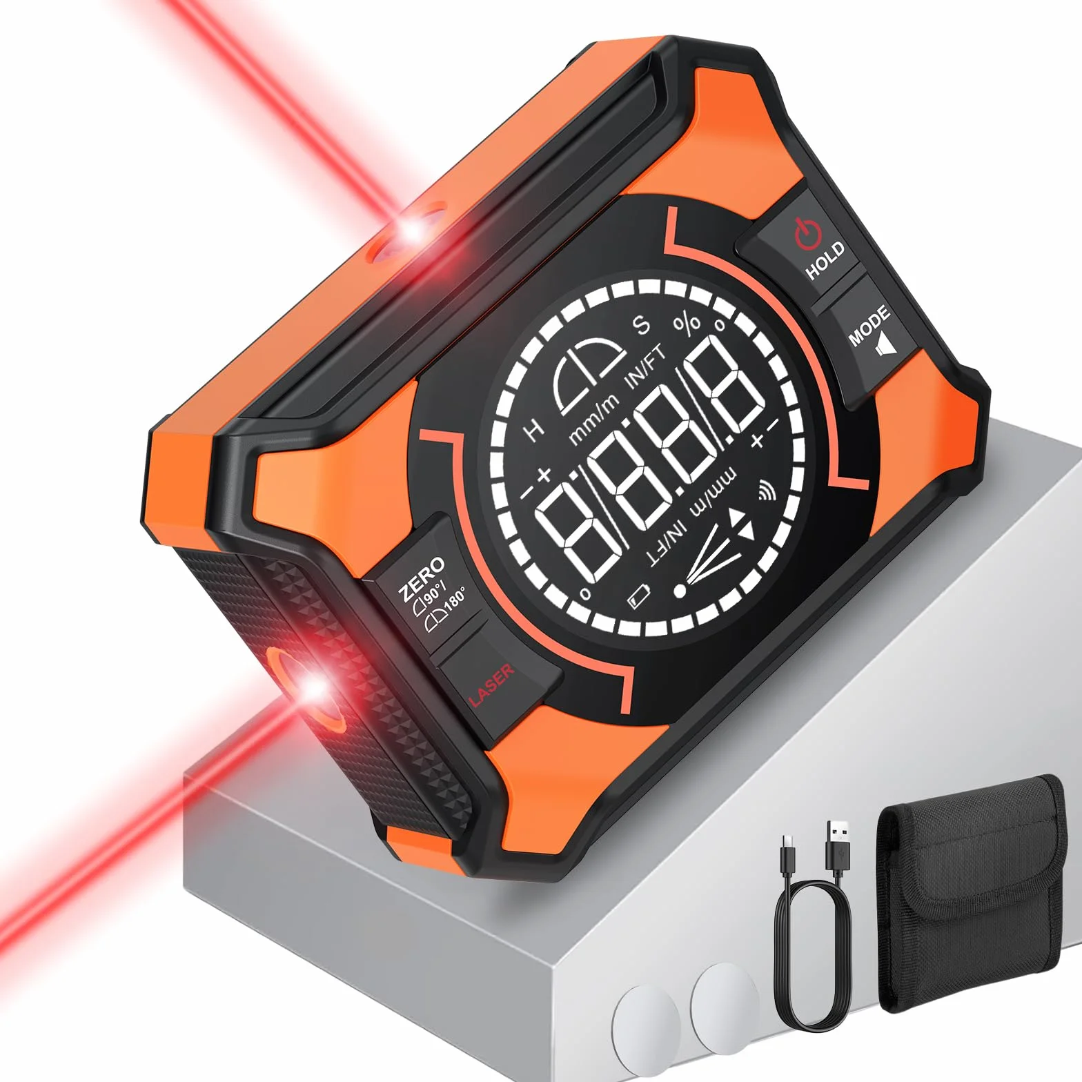 Inclinometro Digital con Laser Magnética Vertical, Horizontal, Impermeable IP54 Recargable 0-90°-180°, nivel de Burbuja de 10 m para Carpintería, Sierra Ingletadora, Marcos Colgantes