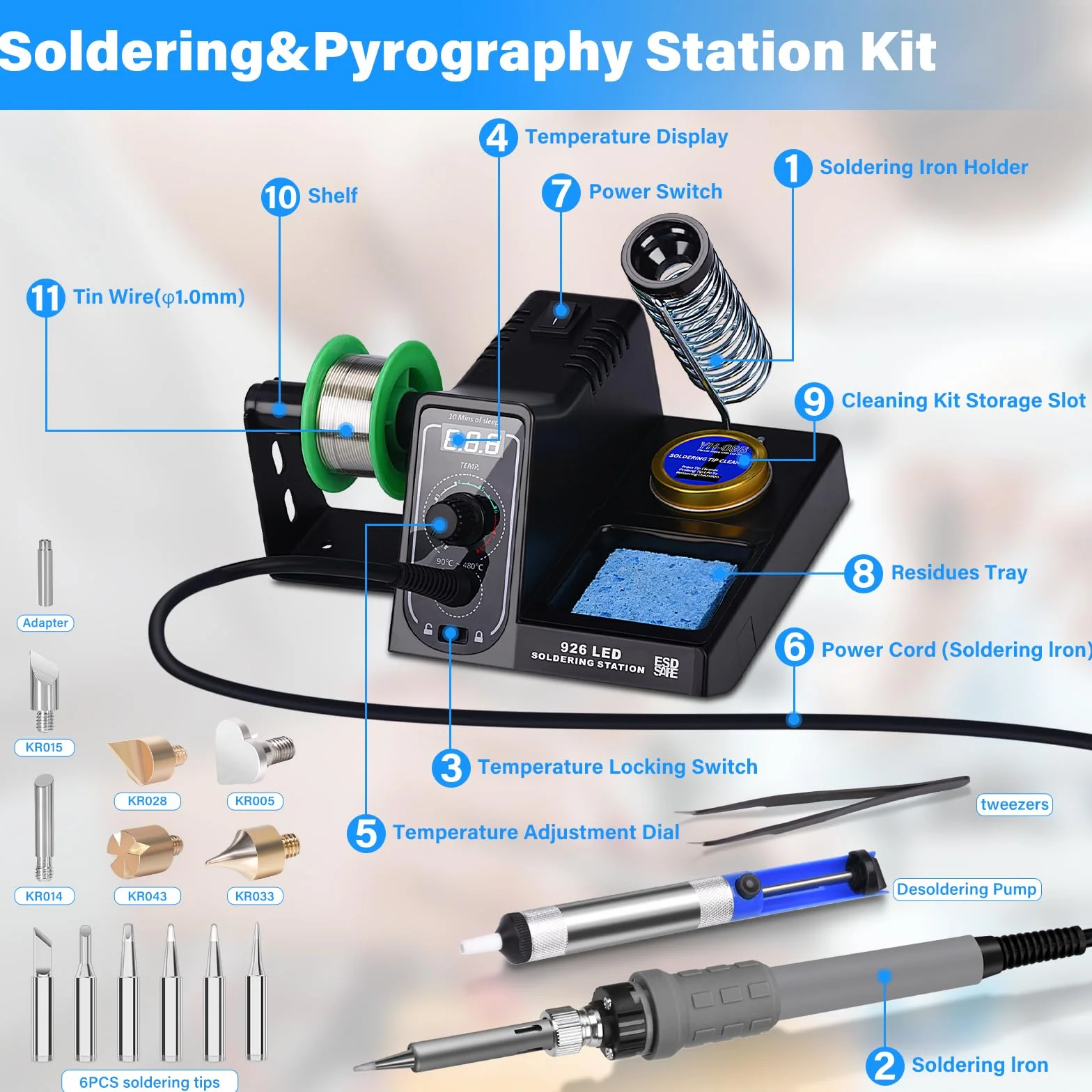 60W Estacion de Soldadura,Kit de Soldador,Estacion de Soldadura Estaño 90-480℃ Temperatura Ajustable con 6 PCS Punta Soldador,Soporte de Rodillo Extraíble