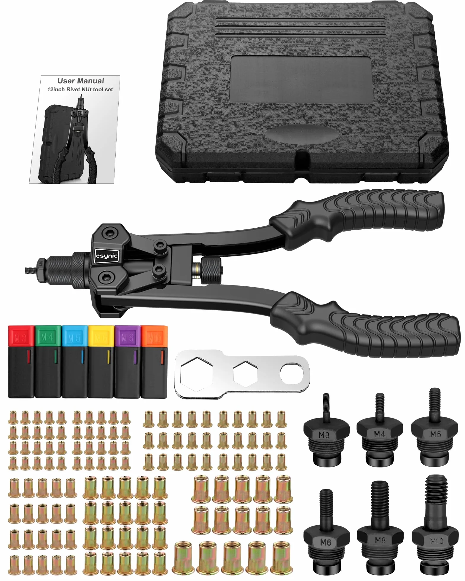 eSynic 12 '' Remachadora de Tuerca con 125 PCS Tuercas de Remache, Remachadora Manual con M3 M4 M5 M6 M8 M10 Pistola Remachadora con Estuche para Reparación de Automóviles Construcción - Negro