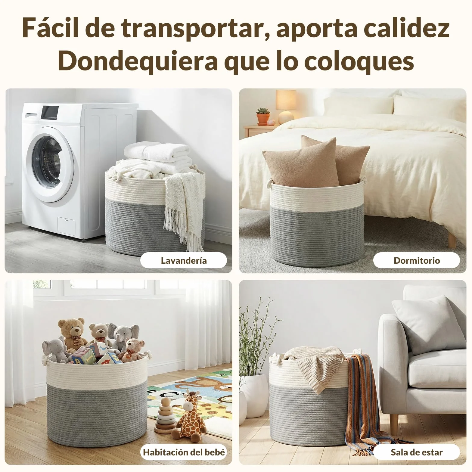 COSYLAND Cesto de Ropa Sucia de Cuerda de Algodón D50 x H35 cm – Cesta para la Ropa Sucia con Asas – Cesto Plegable para Mantas, Juguetes y Lavandería – Blanco Crema y Gris Claro