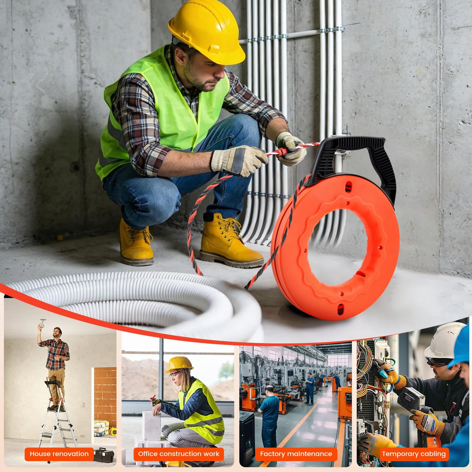 Guía Pasacables 30m, Enhebrador de Alambre Electrico Diámetro 5 mm, Sonda Guía para Electricista con 2 Muelles de Guía, con Mango, Herramienta para Pasar Cables en Instalaciones Eléctricas (Naranja)