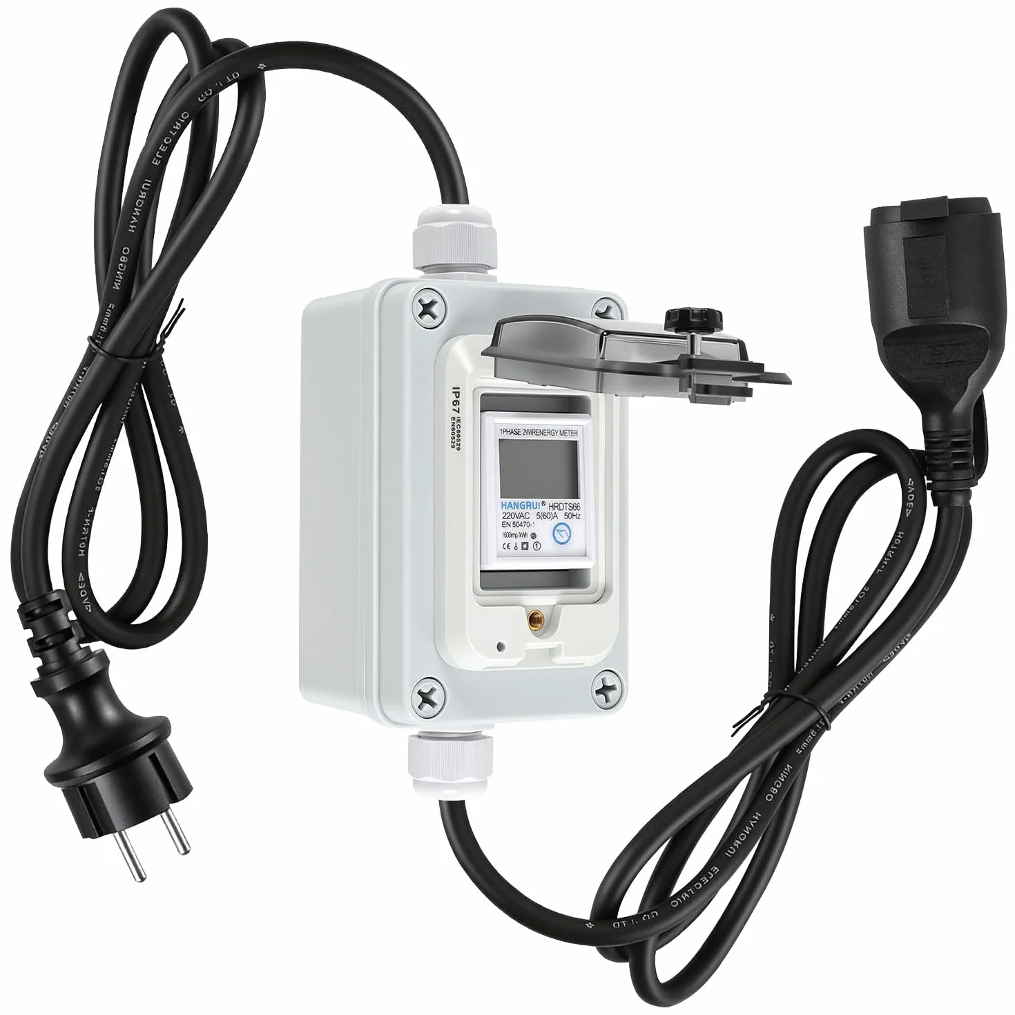 Contador de electricidad móvil de 230 V, IP67, con 2 cables de 1,5 m | Pantalla LCD con función de memoria y botón de reinicio para medición móvil