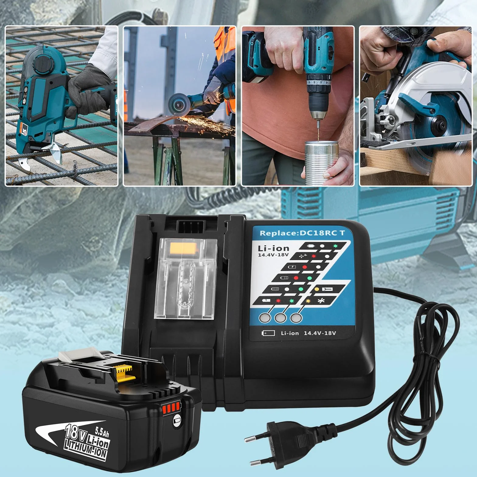 Batería de Repuesto para Makita 18V 5.5Ah+3A Cargador para Makita 18V Batería BL1850 BL1840 BL1830 BL1820 BL1815 y Cargador DC18RA DC18RC DC18RD (Azul)