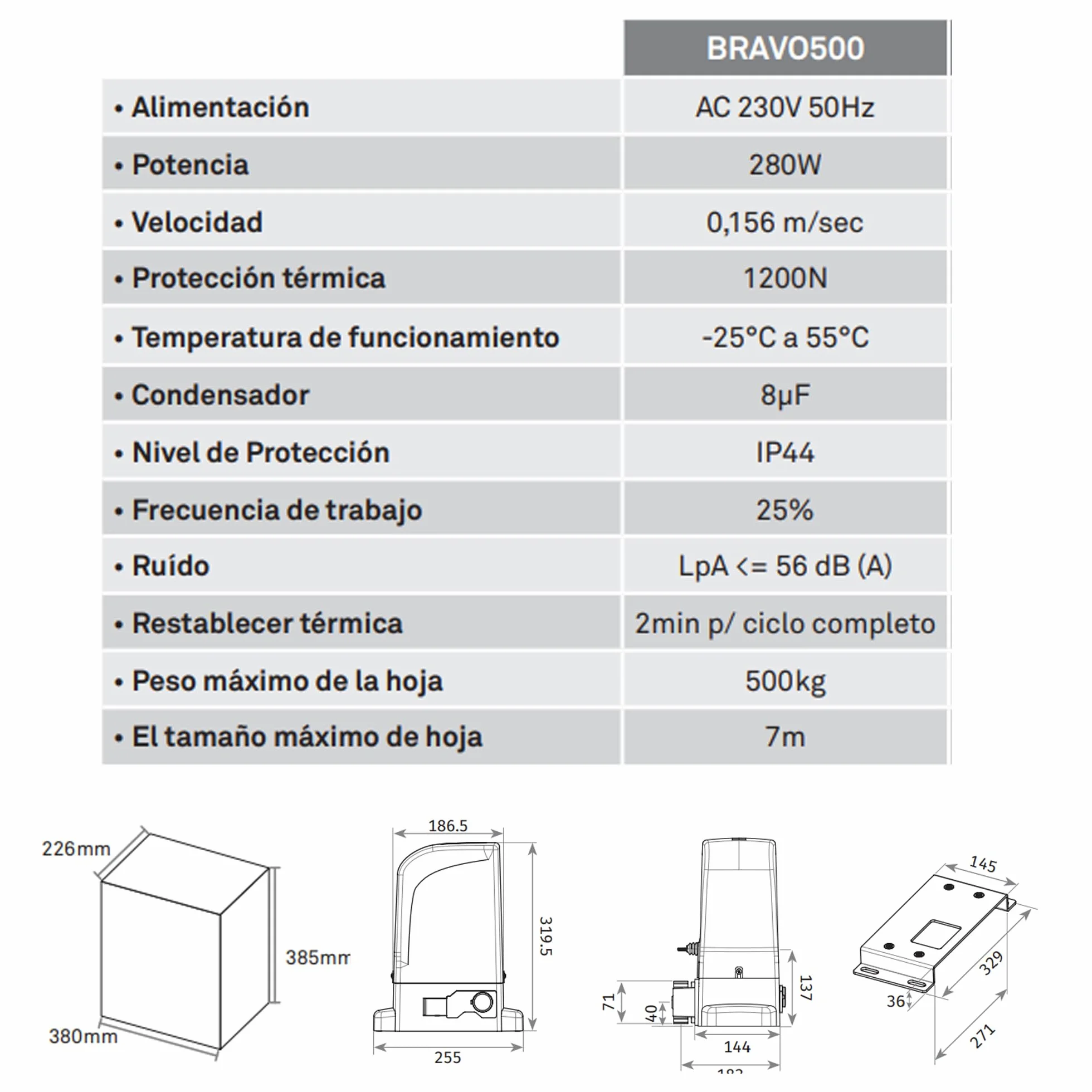 Kit completo Motorline Bravo 500 motor corredera profesional para automatizar puertas y cancelas correderas de hasta 500 kg de peso, con accesorios de calidad profesional y manual en español.