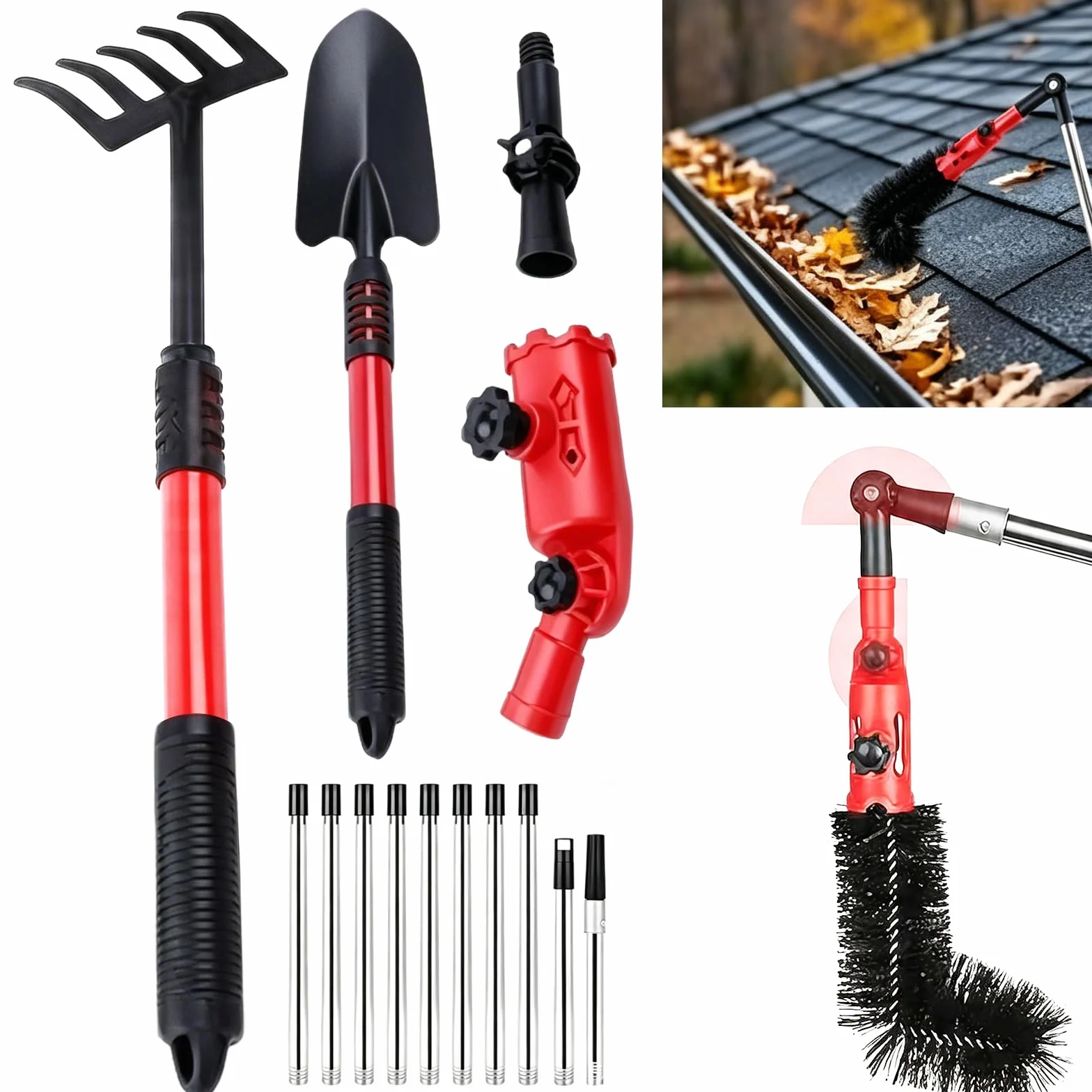 BRGD 4m Cepillo de Limpieza de Canalones con 11 Postes Extensibles, 2 Cabezales Giratorios de 180°, Rastrillo, Pala y Cepillo para Canalones para Retirar Hojas