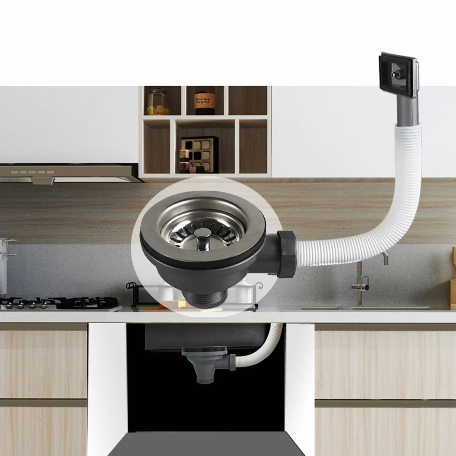 Válvula de cesta de acero inoxidable para desagüe de fregadero con rebosadero 114 mm sifón de cocina