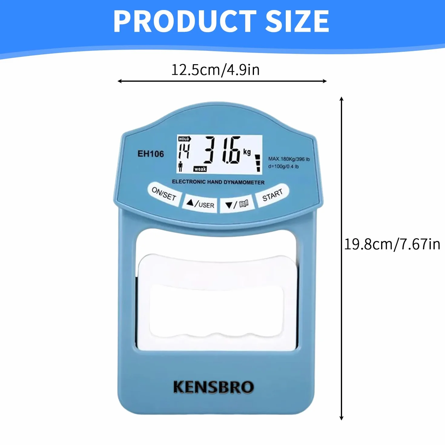 Medidor de mano digital (396 lb/180 kg, dinamómetro digital, dinamómetro electrónico, medidor de fuerza de agarre electrónico, pantalla LED, dinamómetro con cable de carga USB (EH106)