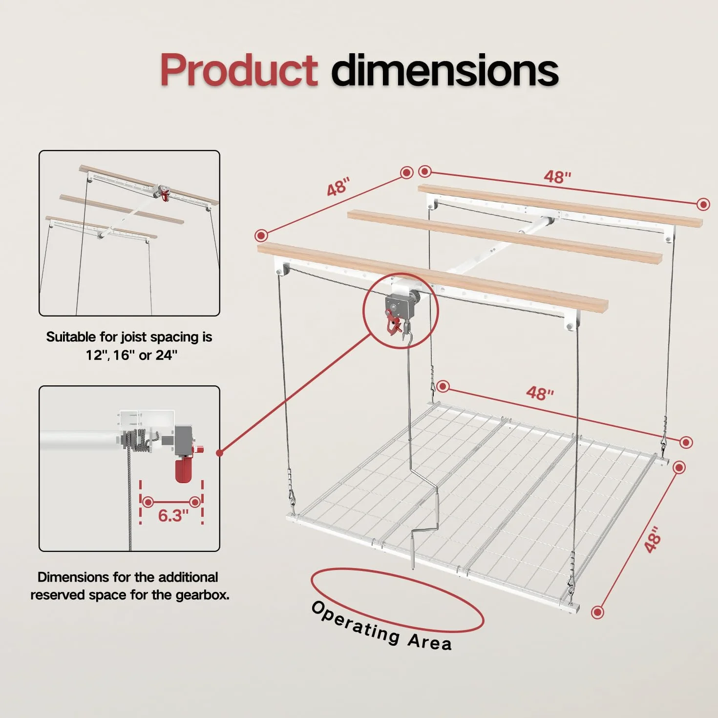 Elevador de almacenamiento de techo de 4 x 4 pies, sistema de almacenamiento de garaje montado de alta resistencia, capacidad de 250 libras (blanco)