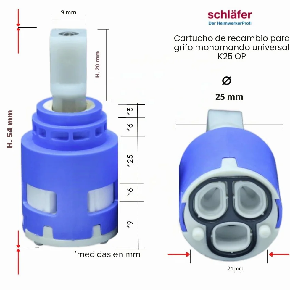 Schläfer 480051 | Cartucho mezclador de 25 mm, cartucho de repuesto para mezcladores de cerámica baja con 2 patas, para grifos mezcladores de cocina, baño, ducha y bañera, modelo Kerox K25 Ops