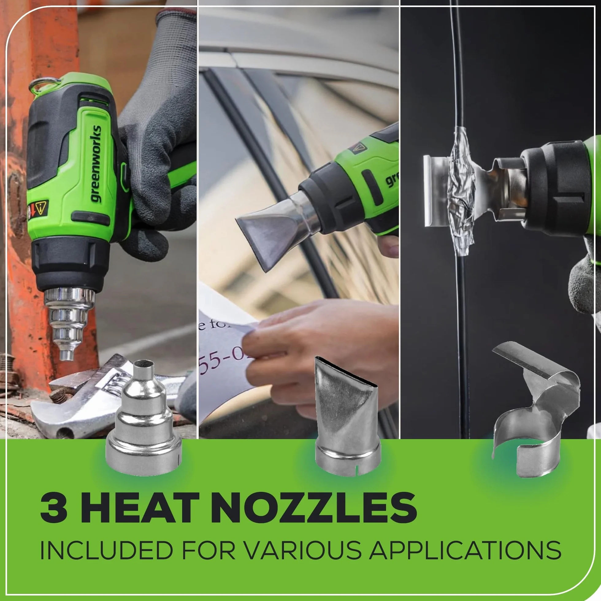 Greenworks Kit de pistola de calor inalámbrica de 24 V, batería de 4.0 Ah y cargador incluidos, herramienta de aire caliente, máximo a 1000 °F/538 ℃ con 3 boquillas para el hogar, garaje, al aire