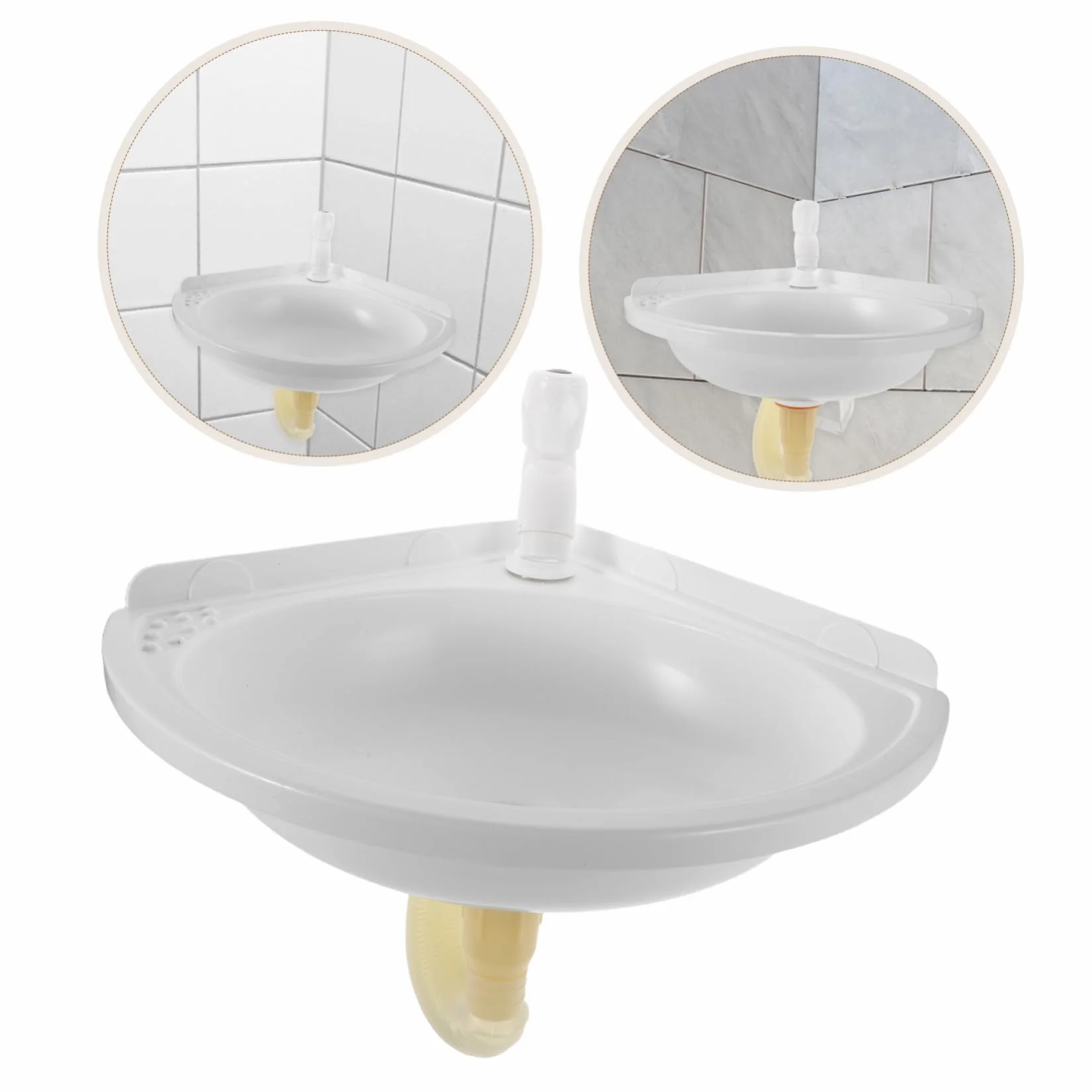 Operitacx Lavabo de Baño Triangular de Plástico con Grifo, Montaje en Pared, Compacto Color Claro para Baño Pequeño, Fregadero de Esquina Suspendido, Solución para Espacios Reducidos, 1