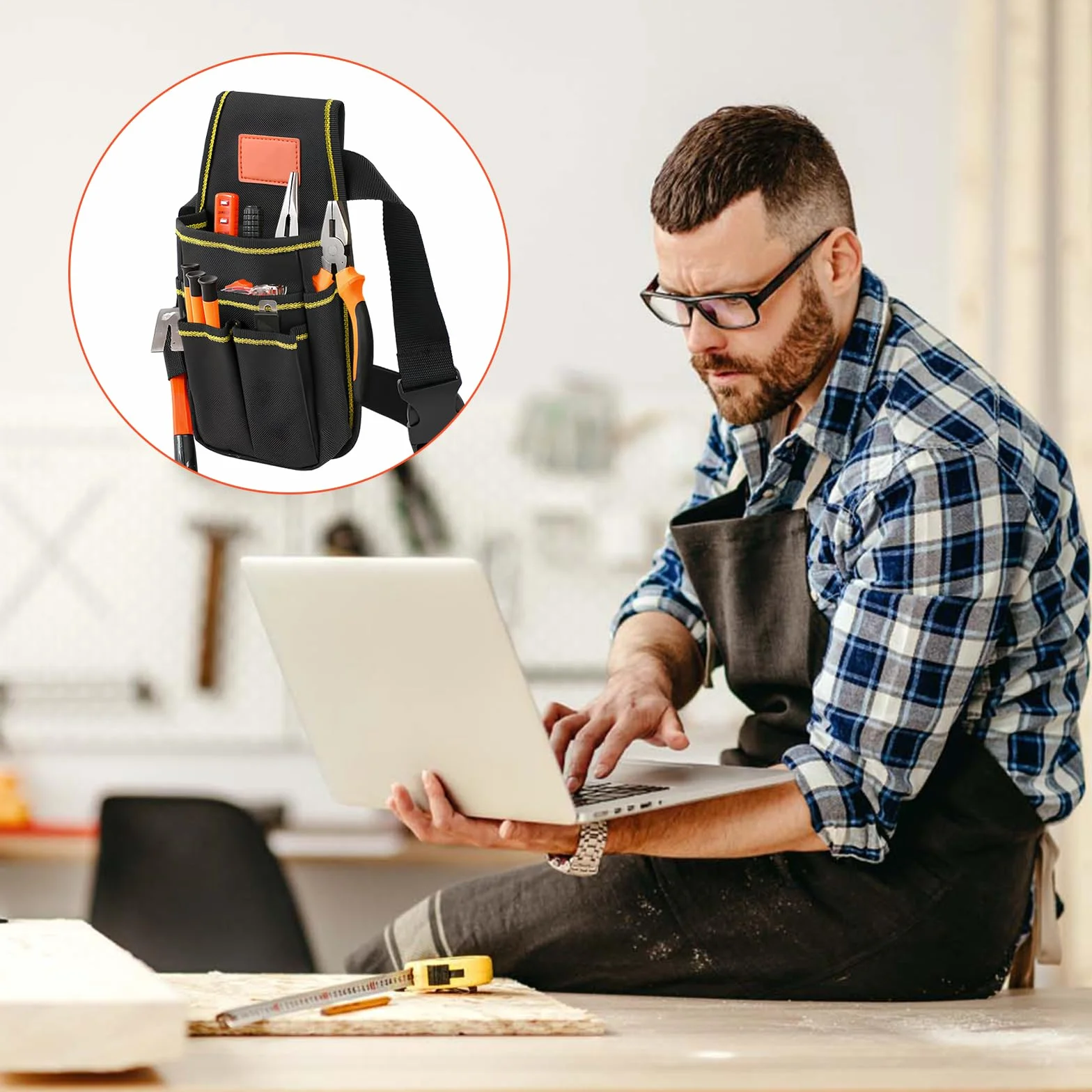 Amexo Bolsa de Cinturón para Herramientas, Bolsa de Herramientas de Lona con Cinturón de Nailon Ajustable Multifunción Organizador de Herramientas para Electricistas, Técnicos
