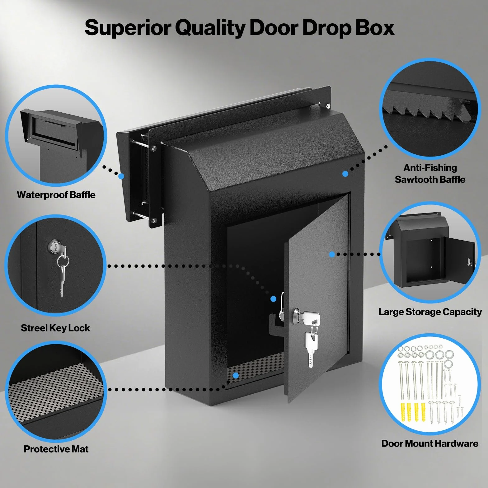 Pochar Buzón Resistente a la Lluvia para Puerta, buzón de Acero galvanizado Resistente a la Intemperie para Llaves, depósito, Pago, Correos – Buzón de Correo a través de la Puerta (Negro)