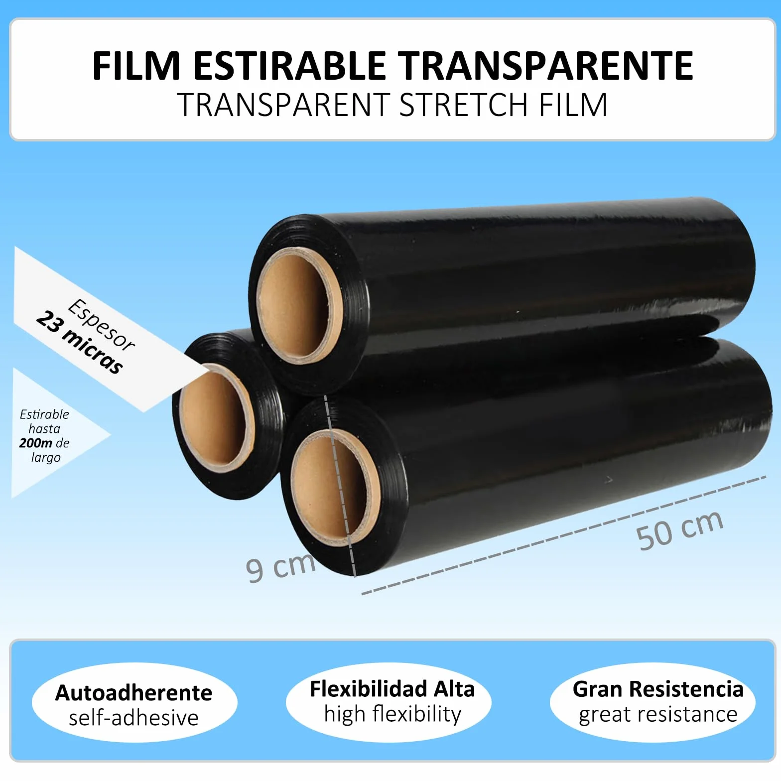 HIBRON Film Estirable Negro, 50 cm de Anchura, 23 Micras de Espesor, Estirable hasta 200m Largo, Autoadherente, Alta Flexibilidad, Muy Resistente. (2 Rollos)
