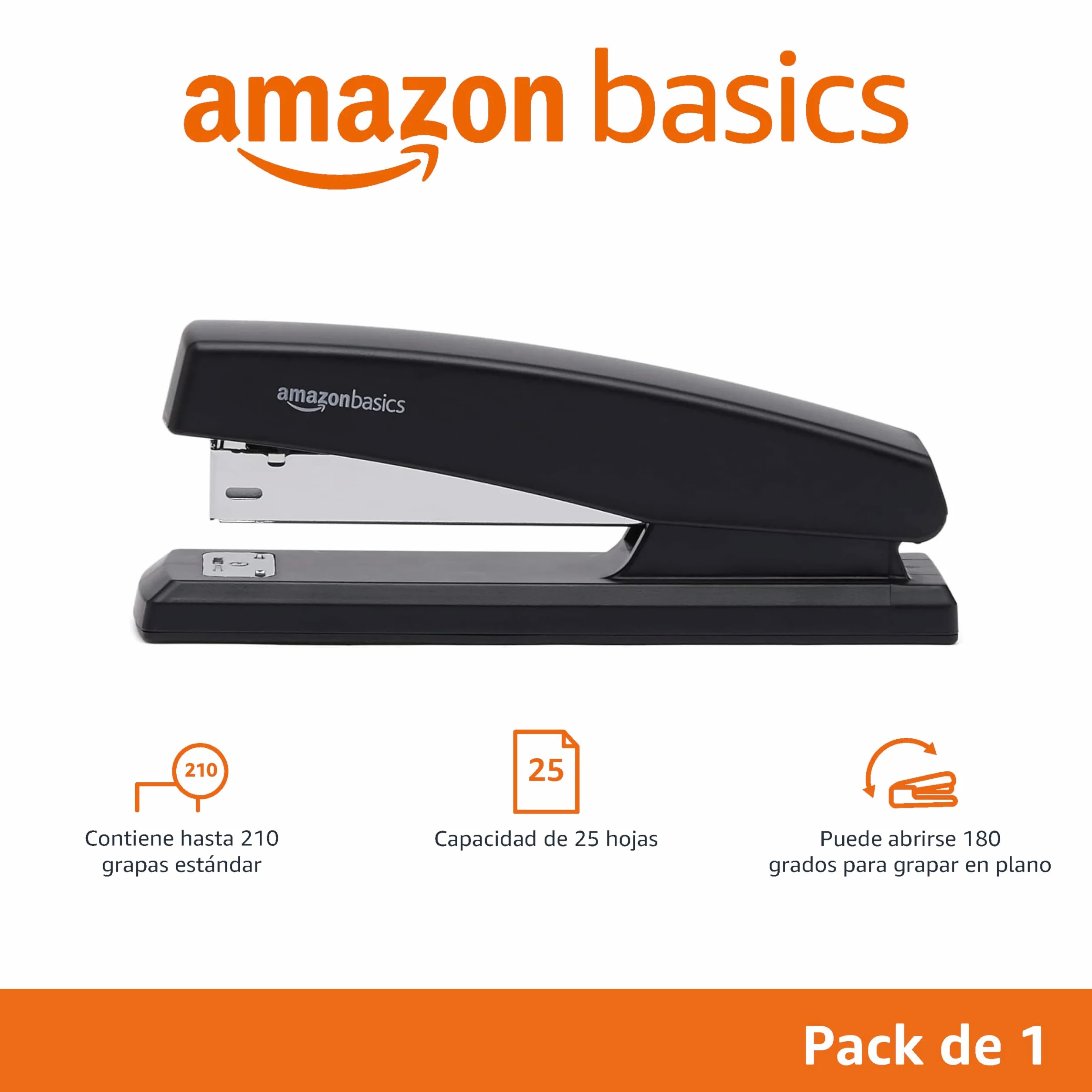 Amazon Basics Grapadora 1000 Grapas, 25 Hojas, Base Goma Antideslizante, Negro