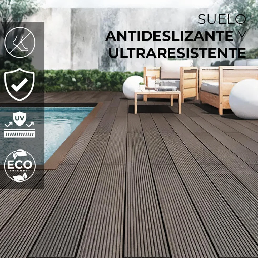 YOEVU | Pack 2 Lama de composite WPC | 2,2m x 14,5cm x 2,2cm, gris, marrón café | Resistente a la intemperie, antideslizante, fácil de instalar | Para terrazas y exteriores
