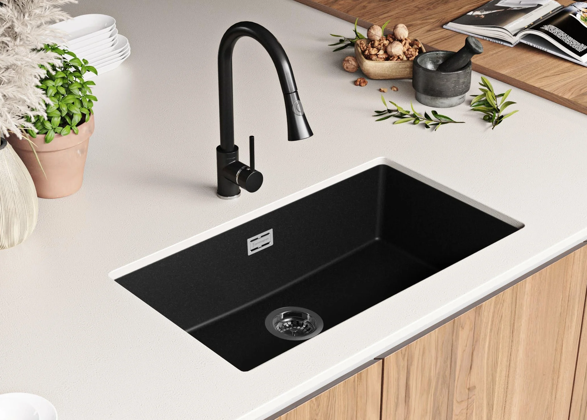 PRIMAGRAN Fregadero bajo Encimera Negro 76x47cm, Cocina 1 Seno + Sifón, Granito al Mueble 80cm - London S477