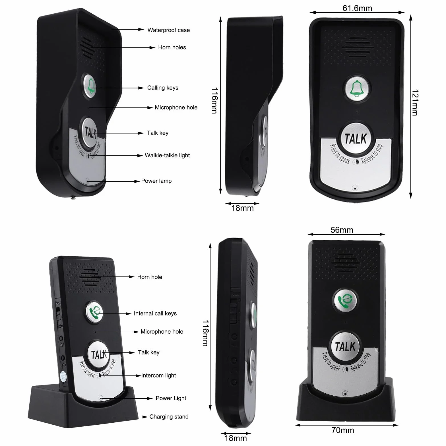 Timbre inalámbrico de largo alcance con audio bidireccional y transmisión de 1000 m, batería recargable integrada de 2000 mAh, unidad exterior impermeable, fuerte penetración (negro)