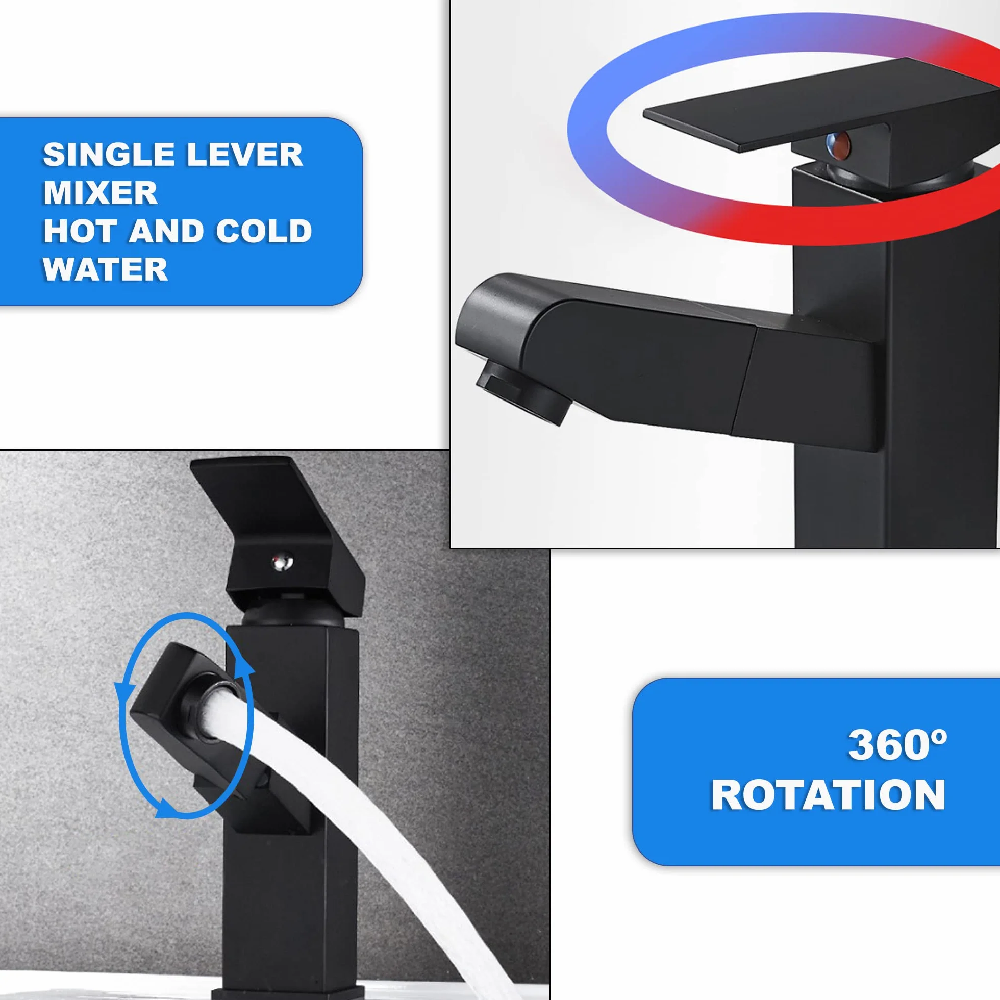 Grifo lavabo negro extraible extensible acero inoxidable monomando agua fria y caliente 2 mangueras incluidas grifo baño negro