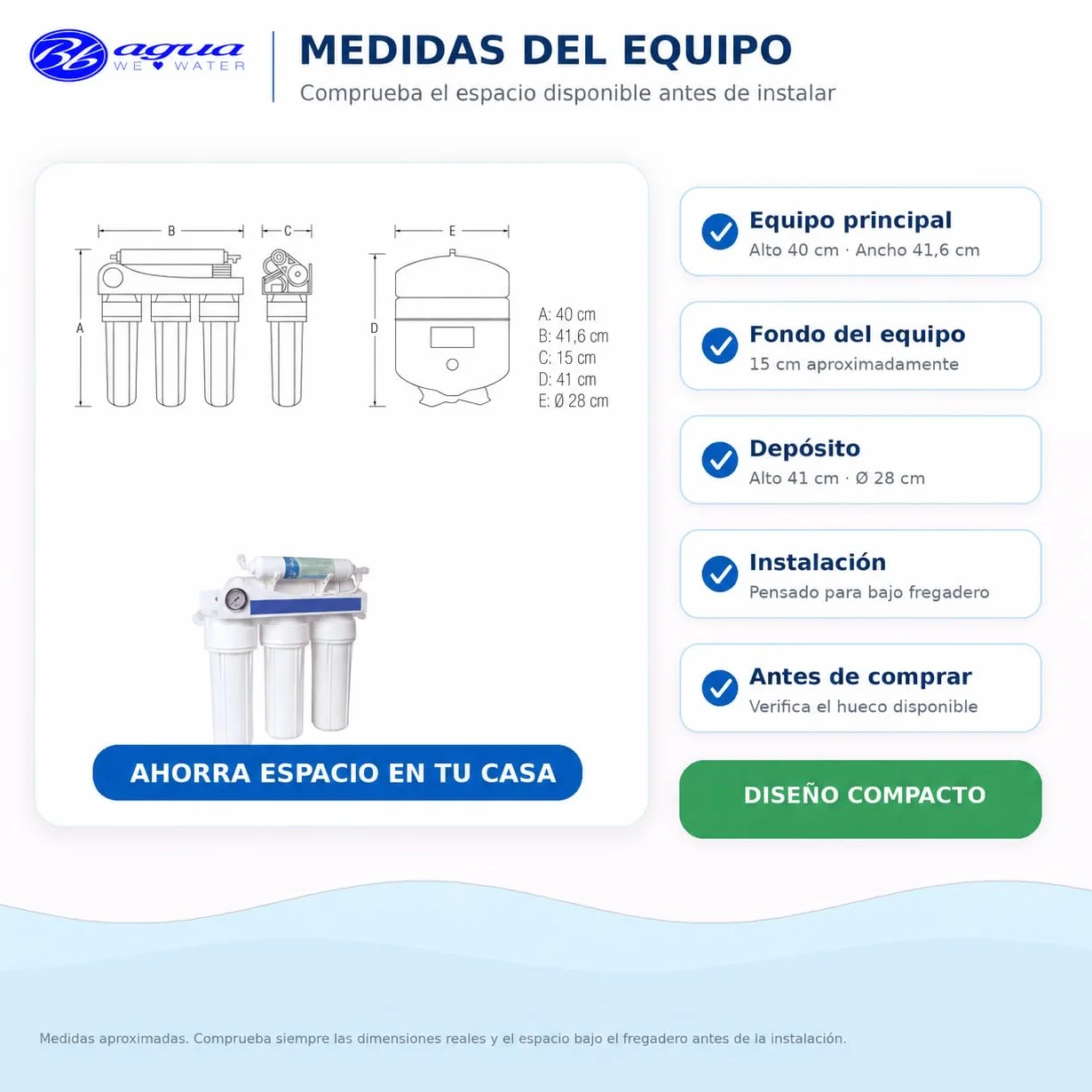 Bbagua EUR-50 – Equipo de Ósmosis Inversa 5 Etapas para Casa | Reduce Cal, Cloro y Sales | Agua Purificada de Baja Mineralización | Sistema Bajo Fregadero con Filtros y Membrana