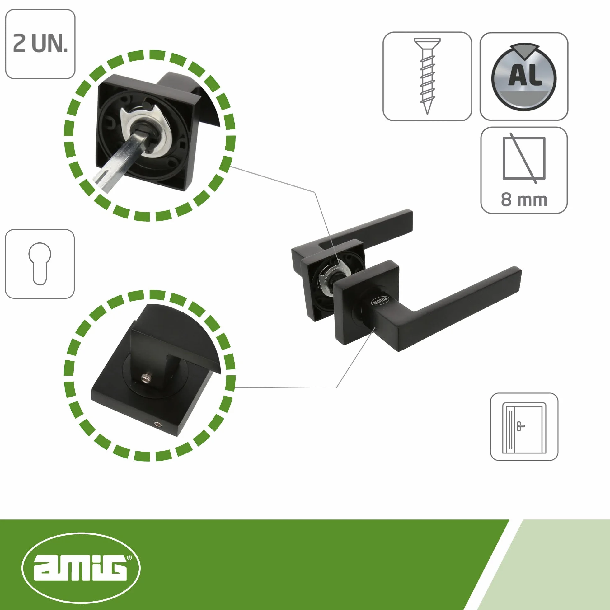 Amig - Juego de Manillas para Puertas - Mod. CADIZ - 52 x 124 mm - Con Bocallave - Diseño Elegante y Sencillo - Manija de Agarre Ergonómico - Zamak Negro Mate