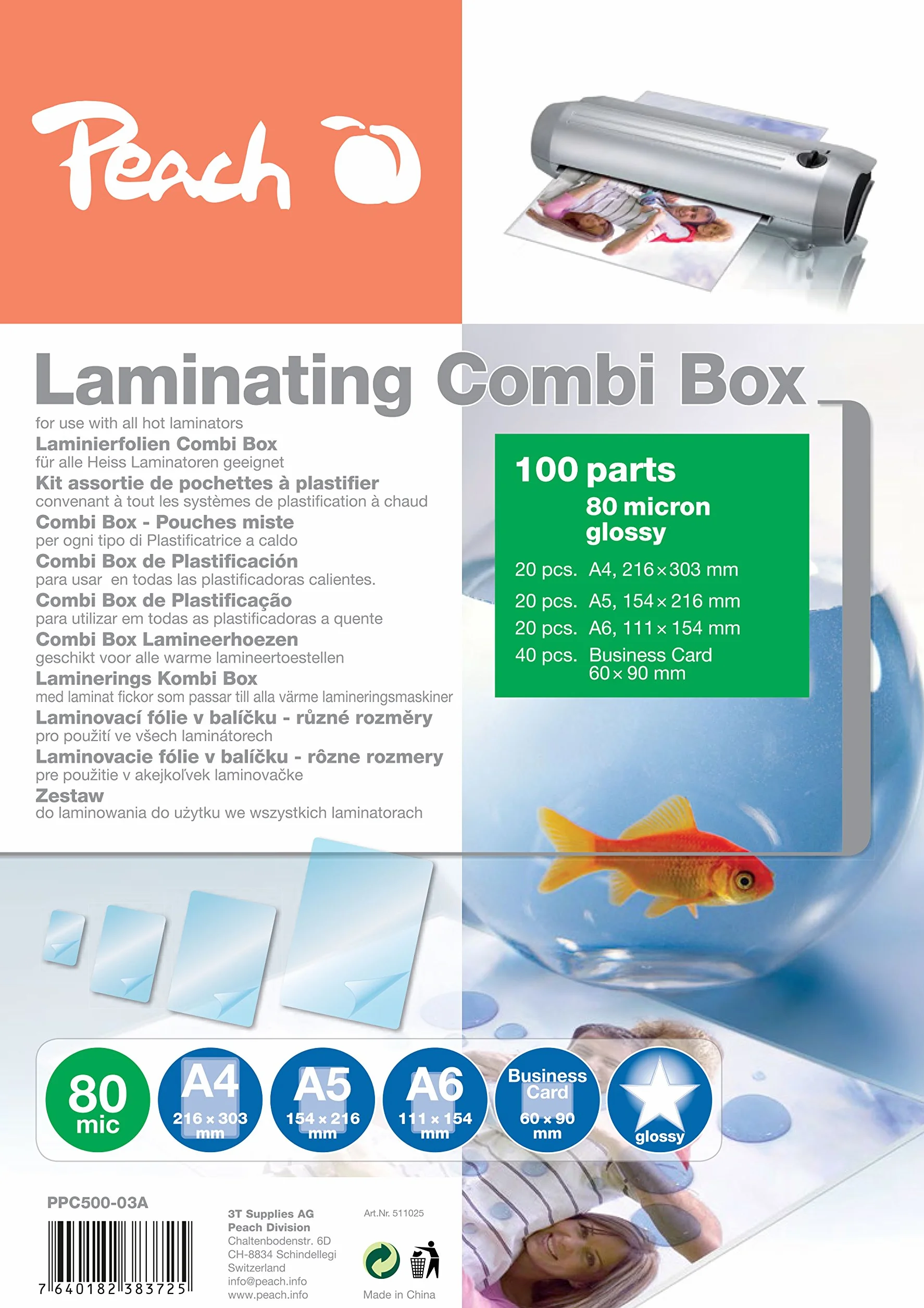 Peach PPC500-03A Láminas para plastificar A4 A5 A6 80 micras 100 bolsas brillante
