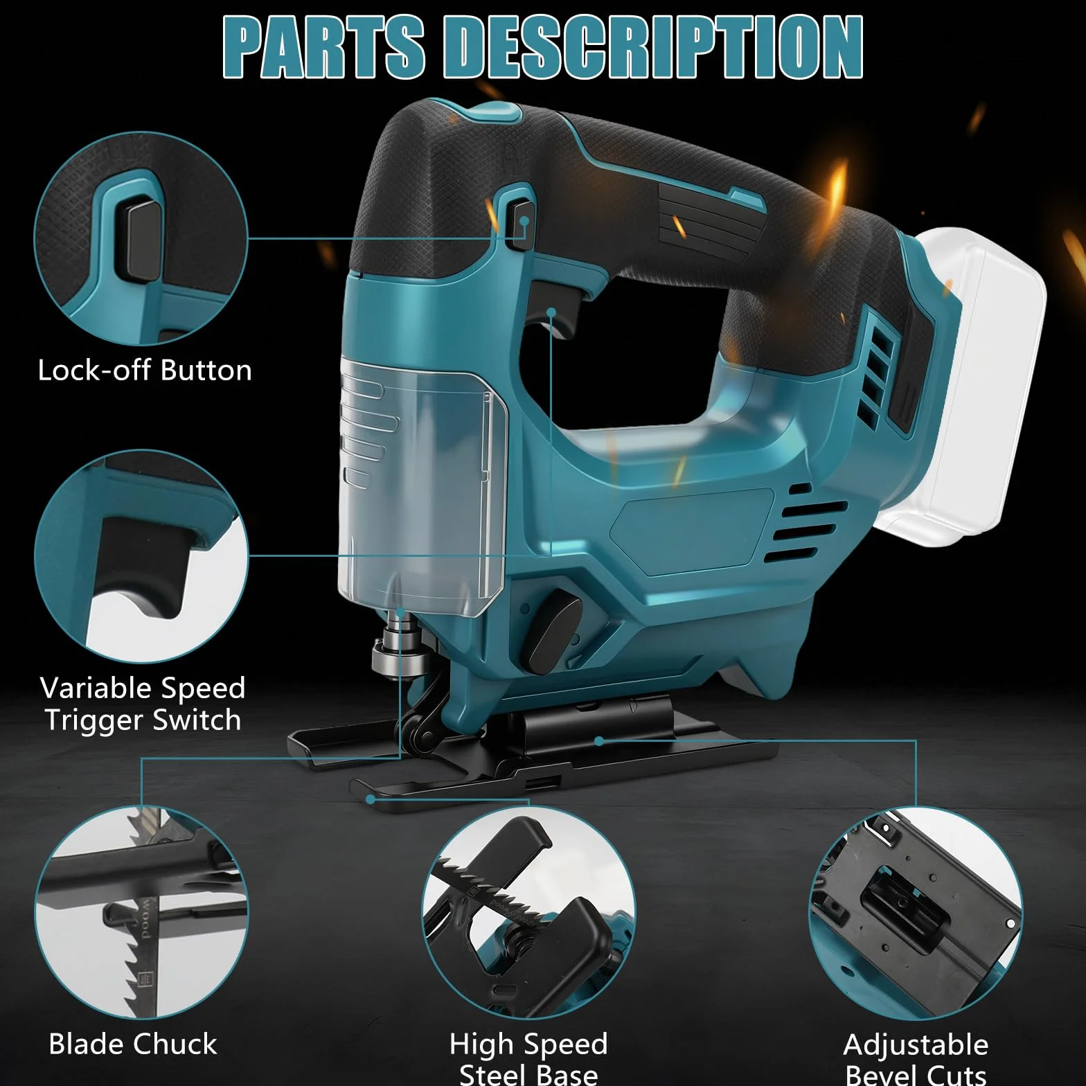 Roadtime Sierra de calar inalámbrica de 420 W para batería Makita de 18 V (sin baterías), motor sin escobillas 800-3500 RPM, ángulo de biselado máximo de 45°, carrera de corte de 26 mm, 6 cuchillas