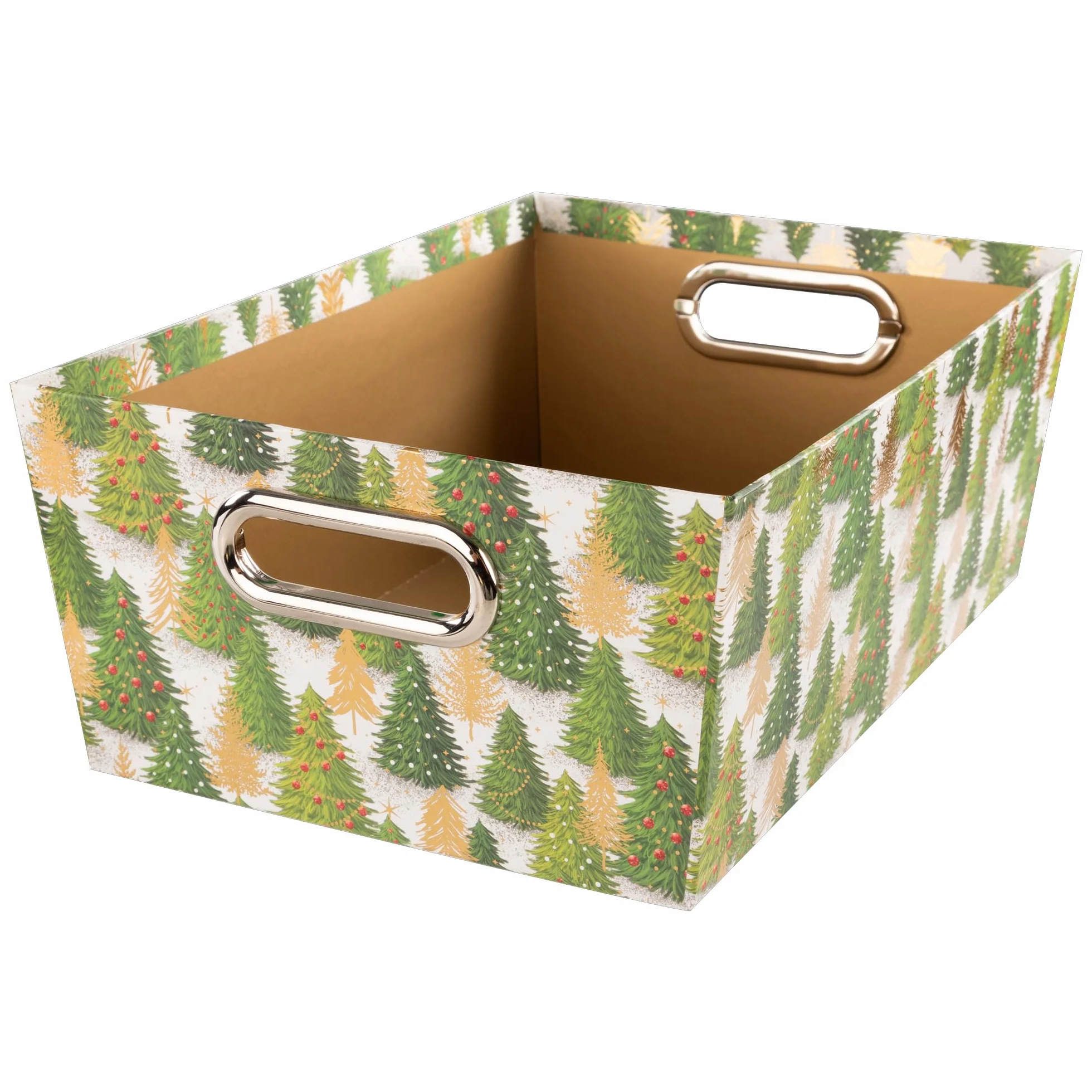 Idena Caja de almacenamiento de cartón resistente 33 x 22,9 x 12,7 cm con asas metálicas motivo árbol de Navidad