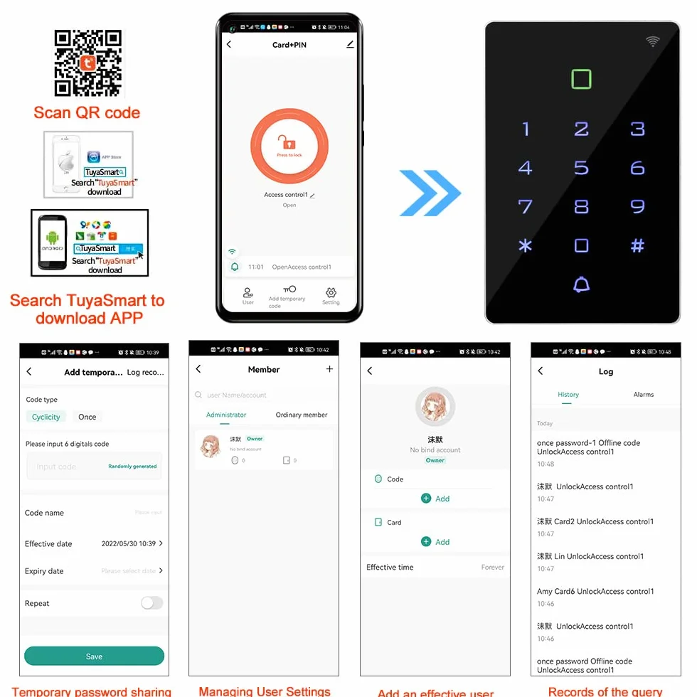 WiFi Tuya Control de Acceso RFID Teclado Inalámbrico IP68 Controlador de Acceso Impermeable WG26 / 34 Desbloqueo del Sistema + Tarjeta Clave 10pcs