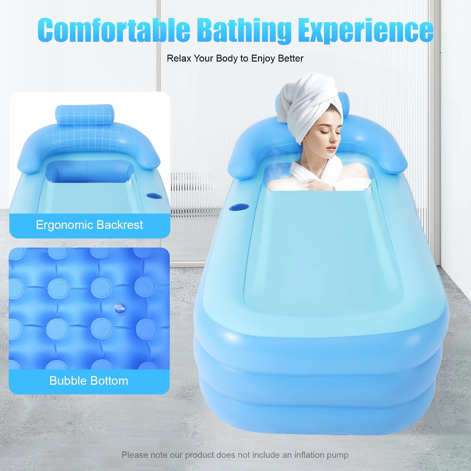 Bañera hinchable con cojín inflable, bañera de aire con soporte para bebidas, bañera plegable con función portátil plegable para adultos, adolescentes, azul