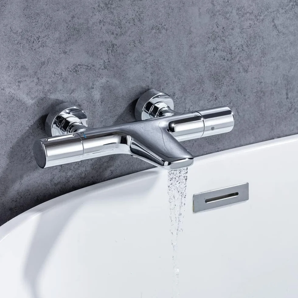 ONECE Grifo de Ducha Cascada, 38°C Grifería Termostática para Bañera y Ducha, Mezclador para Bañera de Latón, con Botón de Seguridad, Doble salida de agua, Cromo