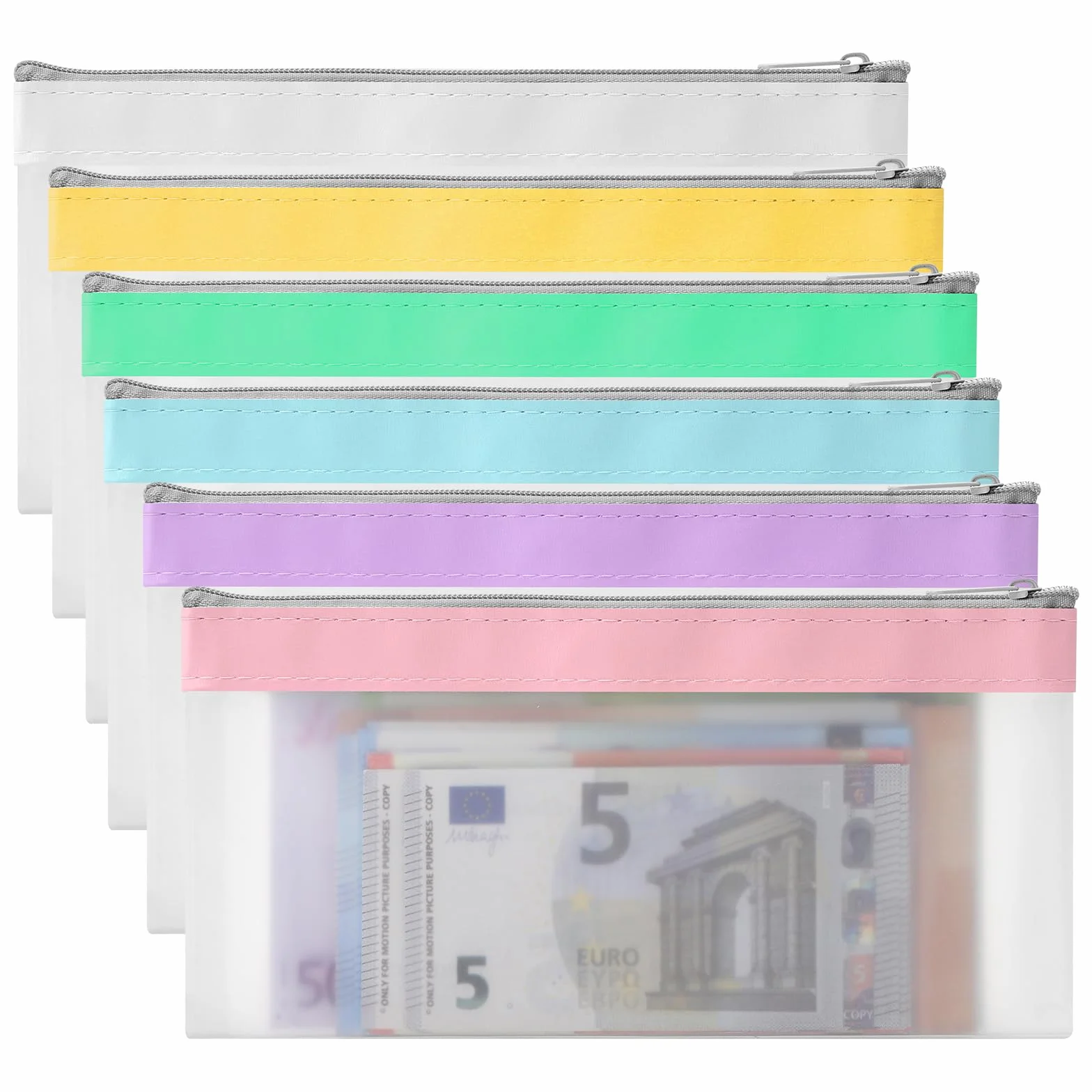 VOSSOT 6 Piezas Bolsas De Dinero con Cremallera,DepóSitos Bancarios Bolsa Transparentes,Monedas Sobres,Bolsas Multiusos con Cierre De Cremallera para Ahorrar Dinero En Efectivo