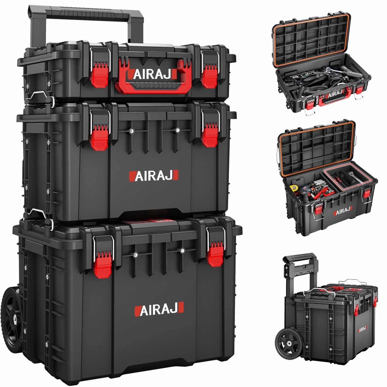 Caja Herramientas con Ruedas de Tres Capas,Caja de Herramientas Apilable Modular,Caja Herramientas Vacia Impermeable,Ruedas Todoterreno,Mango de Varilla de Tracción Retráctil