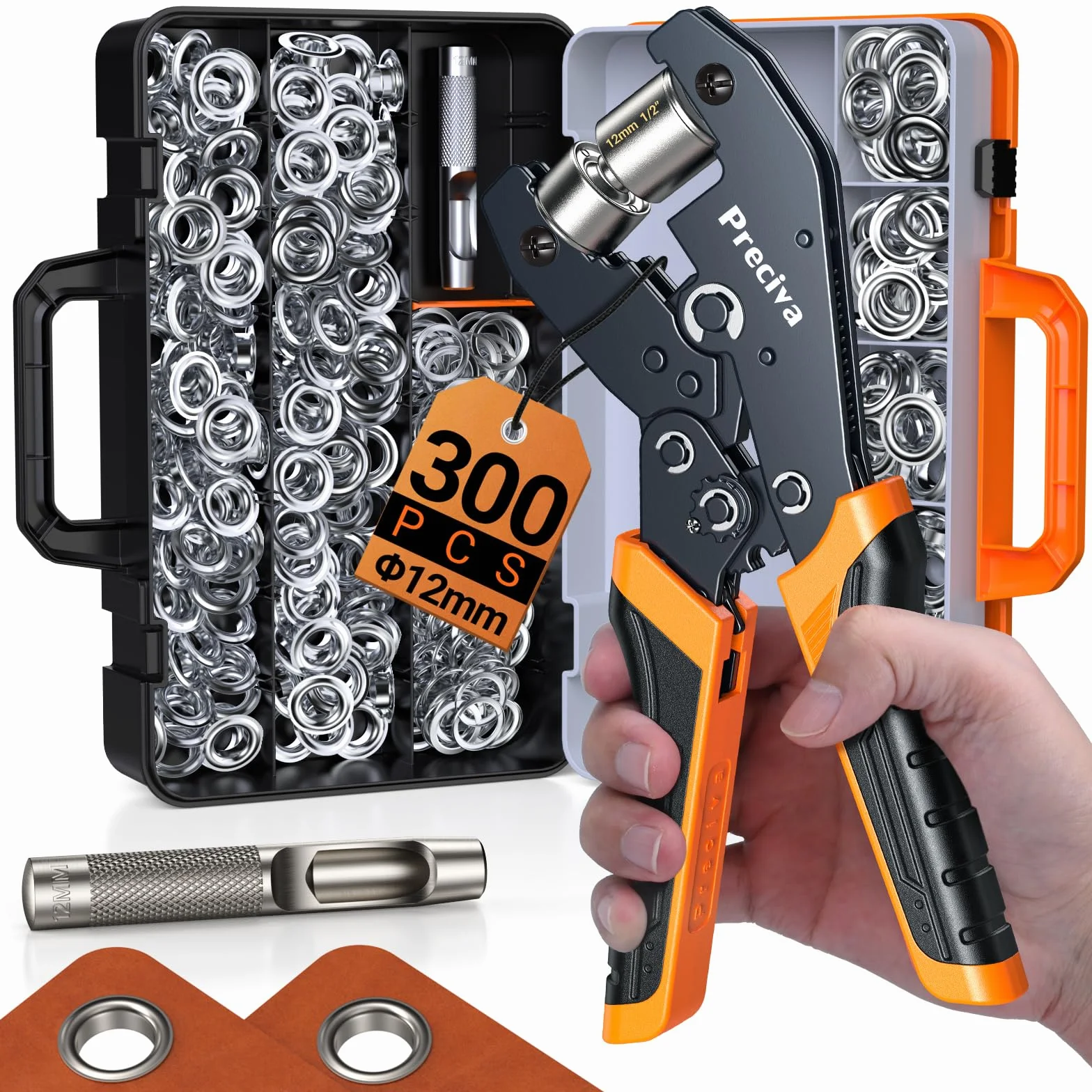 Ojales para Lonas Profesionales, Máquina de Ojales Preciva con 300 Piezas de Ojales (Ø Interno 12mm), para Lonas Multifunción para Cuero, Lonas, Cartón, PVC, Telas y Toldos, etc.