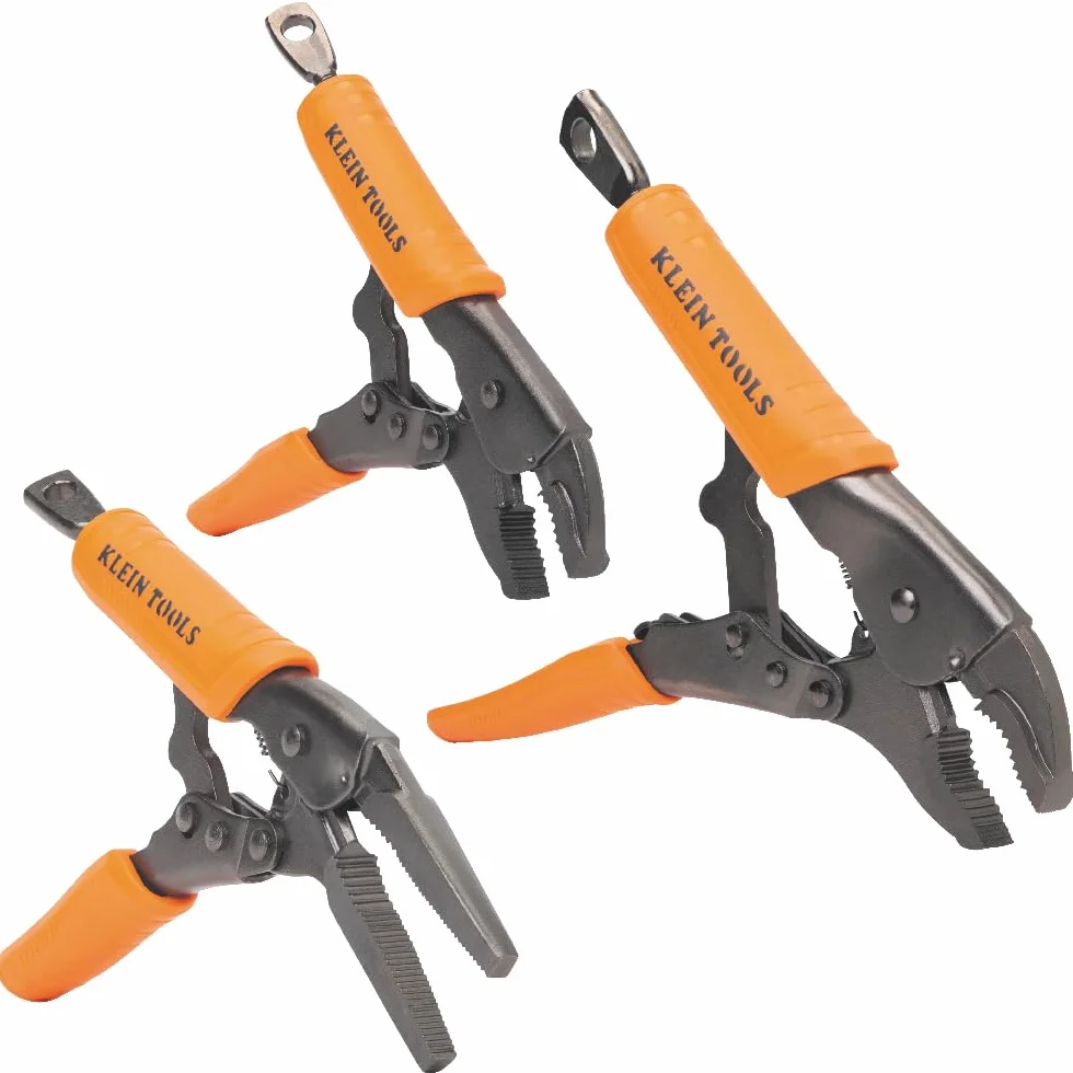 Klein Tools 38665 Juego de alicates de bloqueo, punta larga de 6 pulgadas, mandíbula curvada de 7 y 10 pulgadas, alto par, agarres de topo para sujetar y agarrar, 3 piezas