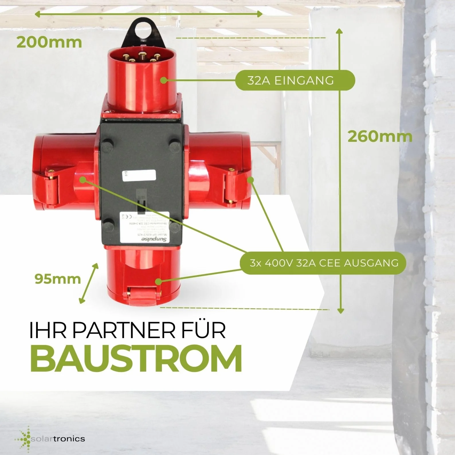 Solartronics Cuadro de Distribucion para Obra CEE Distribuidor de Corriente Pesada 32A 400V 5 Pines con Proteccion contra Salpicaduras IP44 Tapas de Seguridad, Rojo, CEE 32A