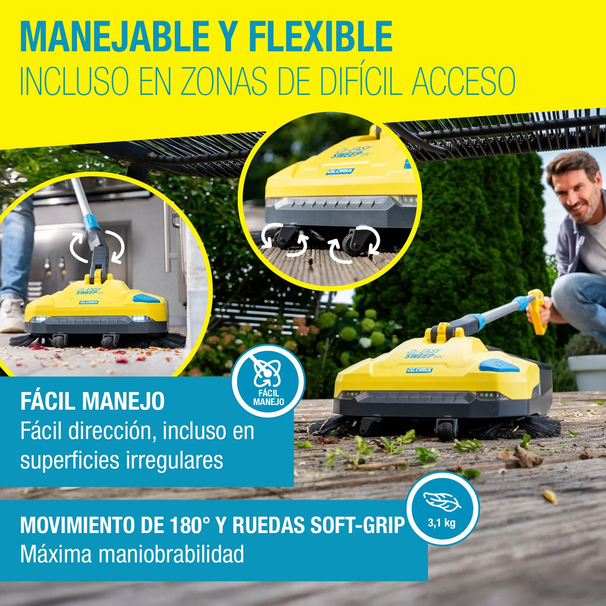 GLORIA Barredora de batería EasySweep 18V | Escoba eléctrica inalámbrica para interior y exterior | Entradas, aceras, terrazas, garajes y hojas | Compatible con Batería BOSCH 18V (no incluida)