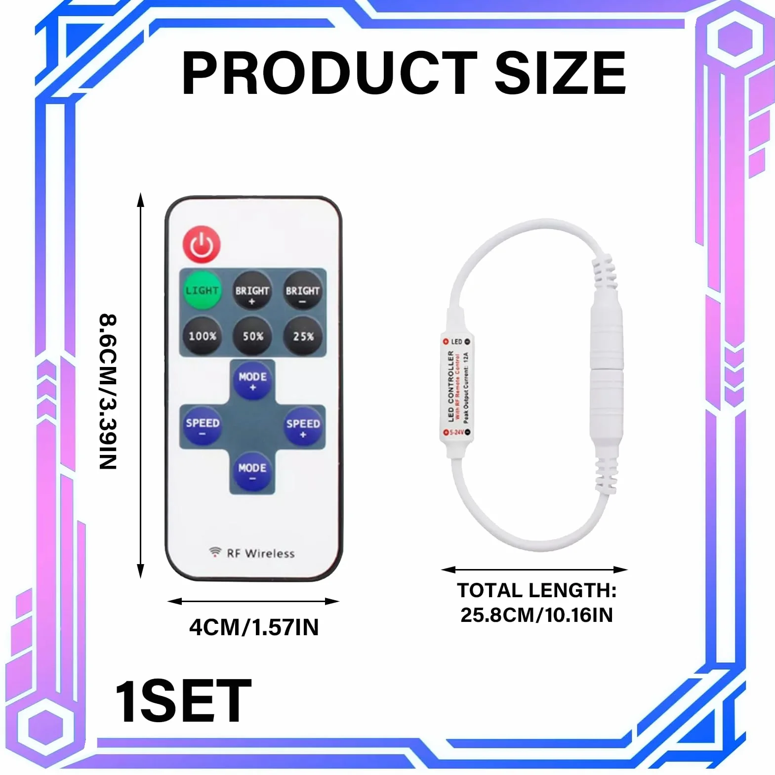 Controlador RF11 con Cable DC 5V-24V 5A - Regulador Intensidad Tira Monocromática - Mando a Distancia para Cinta SMD 3528 2835 (Blanco)