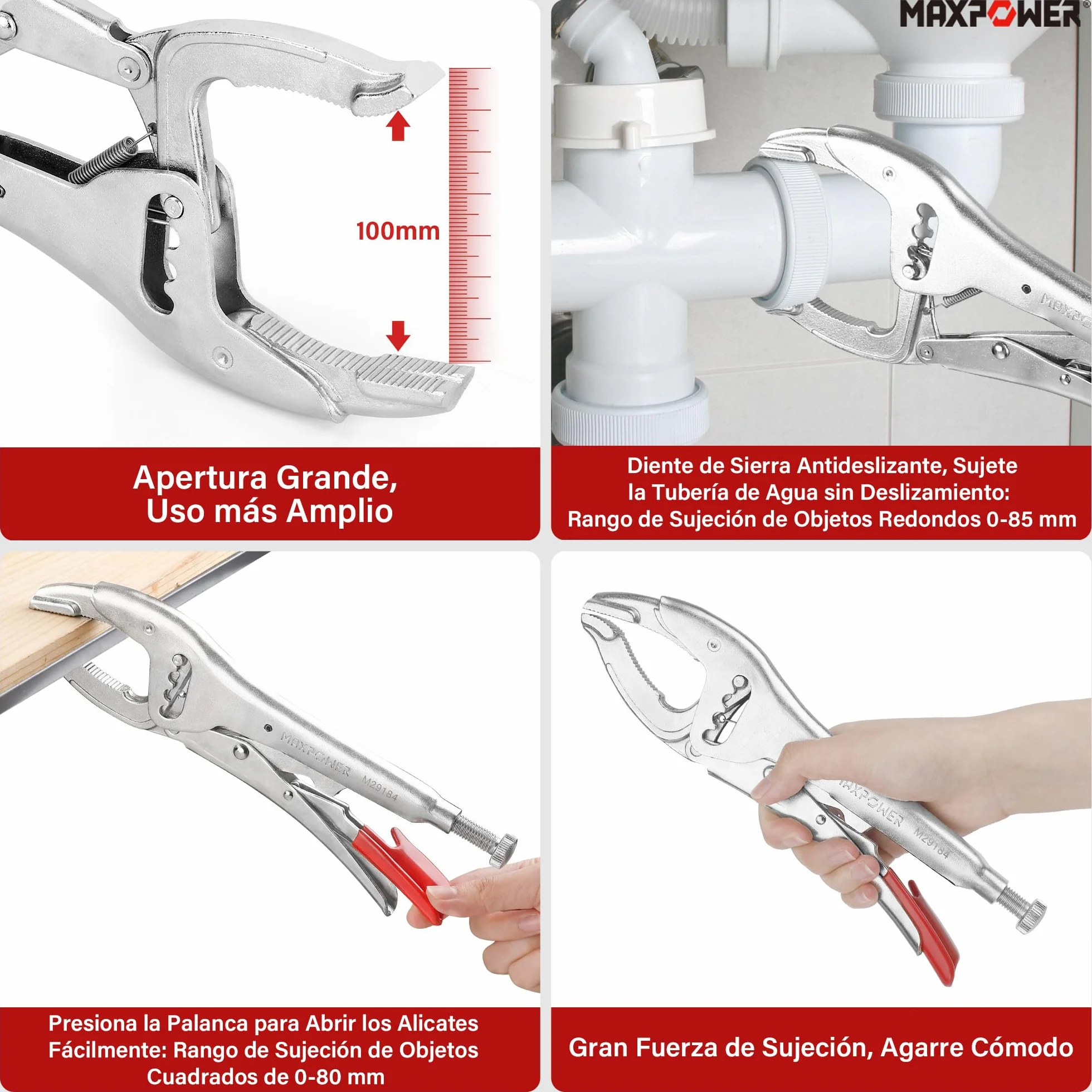 Alicate de Bloqueo, MAXPOWER Tenaza Grip Cr-V 10”/260mm con Cuatro Ajustes de Engranajes 50-100mm Mordaza Grip Locking Plier