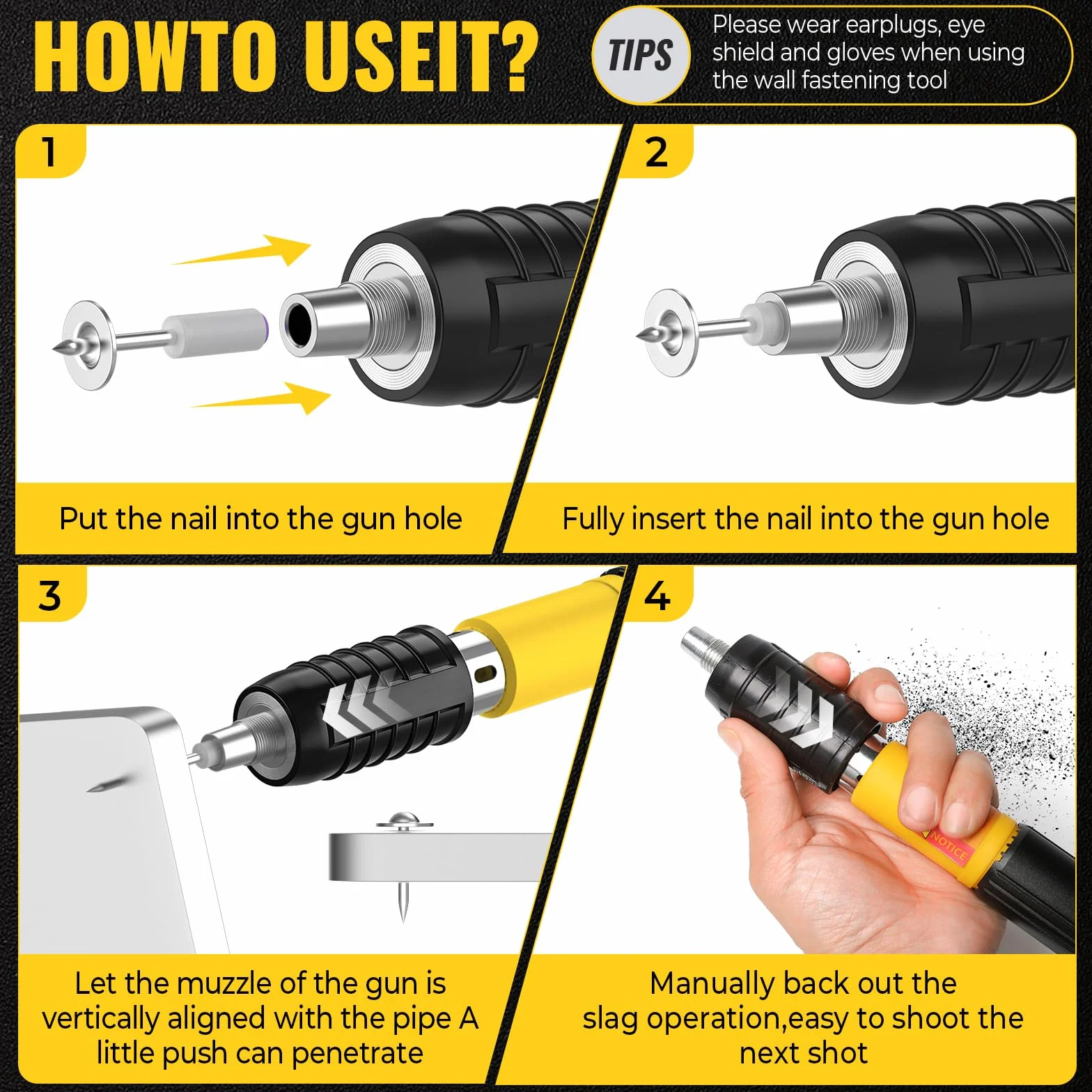 Pistola de Clavos, Pistola de Clavos para Hormigón Manual con 100 Clavos de Fijación, 5 Niveles de Potencia Regulables, Eyección Automática de Residuos, Clavadora Beton para Pared, Ladrillo