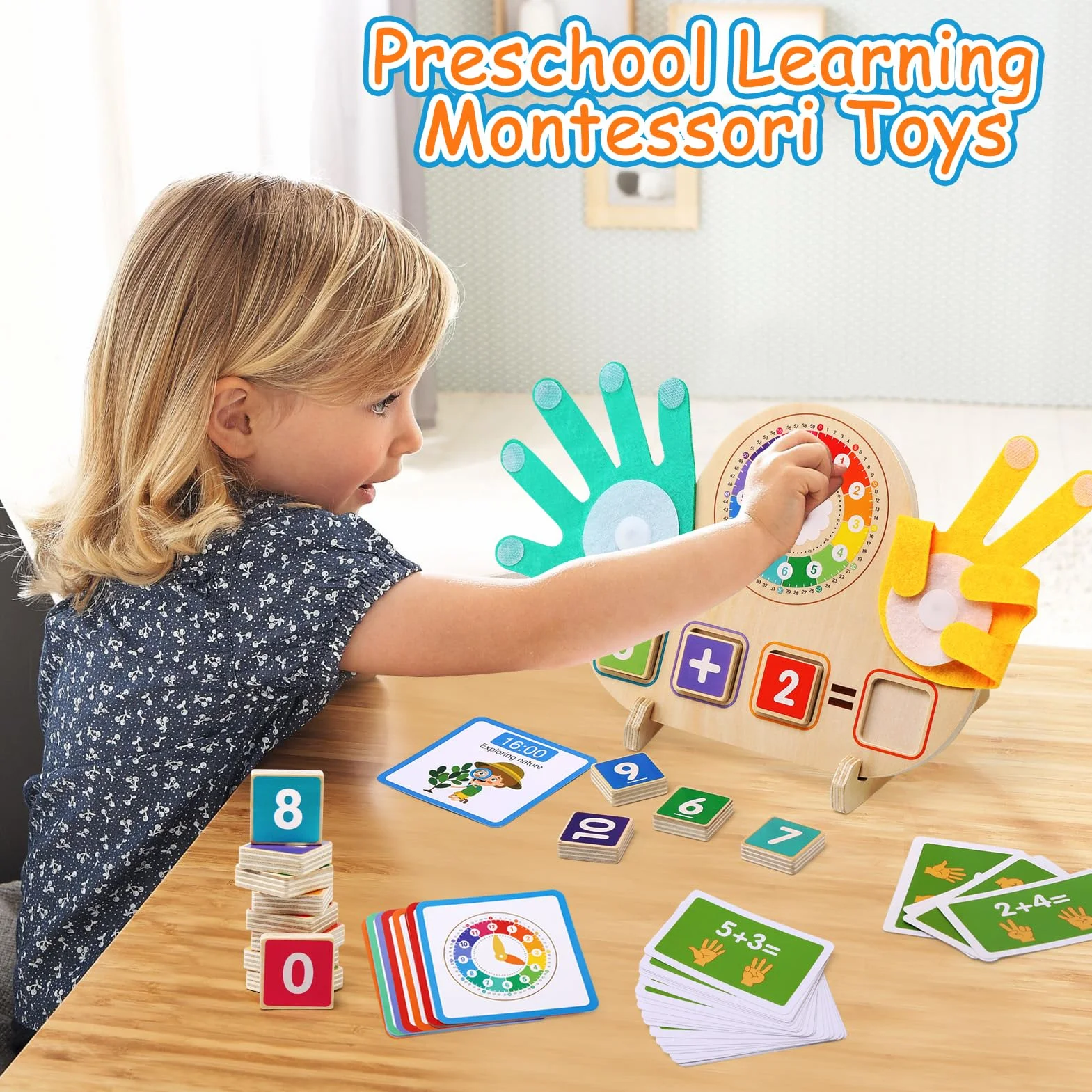 Juegos Educativos Niños 3 4 5 6 Años, Juguetes Montessori Matemáticas de Madera con Reloj, Juegos de Conteo para Preescolar Aprender Suma y Resta Regalo para Infantil Niños Niñas 3-6 Años
