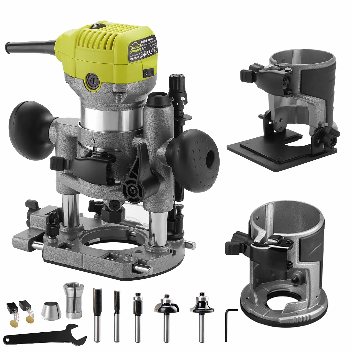 Fresadora de Madera Rebajadora Eléctrica, DEWINNER Desmoladora Eléctrica compacta 220 V, 710 W, 3 Bases Incluidas, 3 Pinzas de 1/4 Pulgadas, 6 mm y 8 mm, 5 Fresas de Carburo